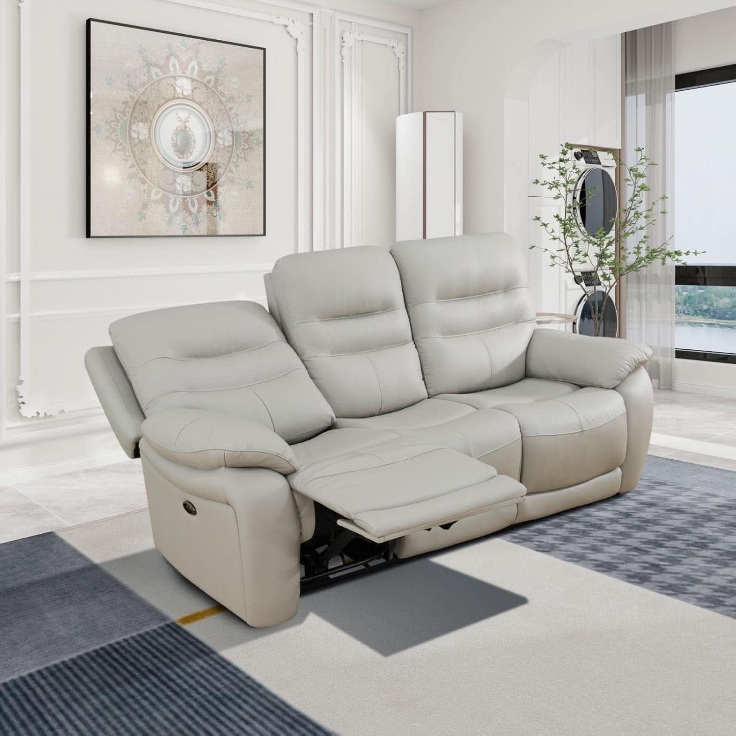 Power Reclining Leather Sofa Set With USB Port Light Grey