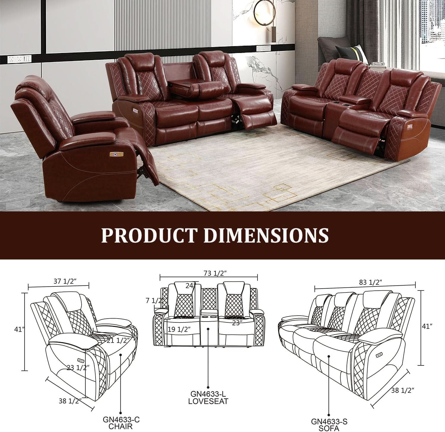 Power Reclining Leather Sofa Set With USB Ports Burgundy