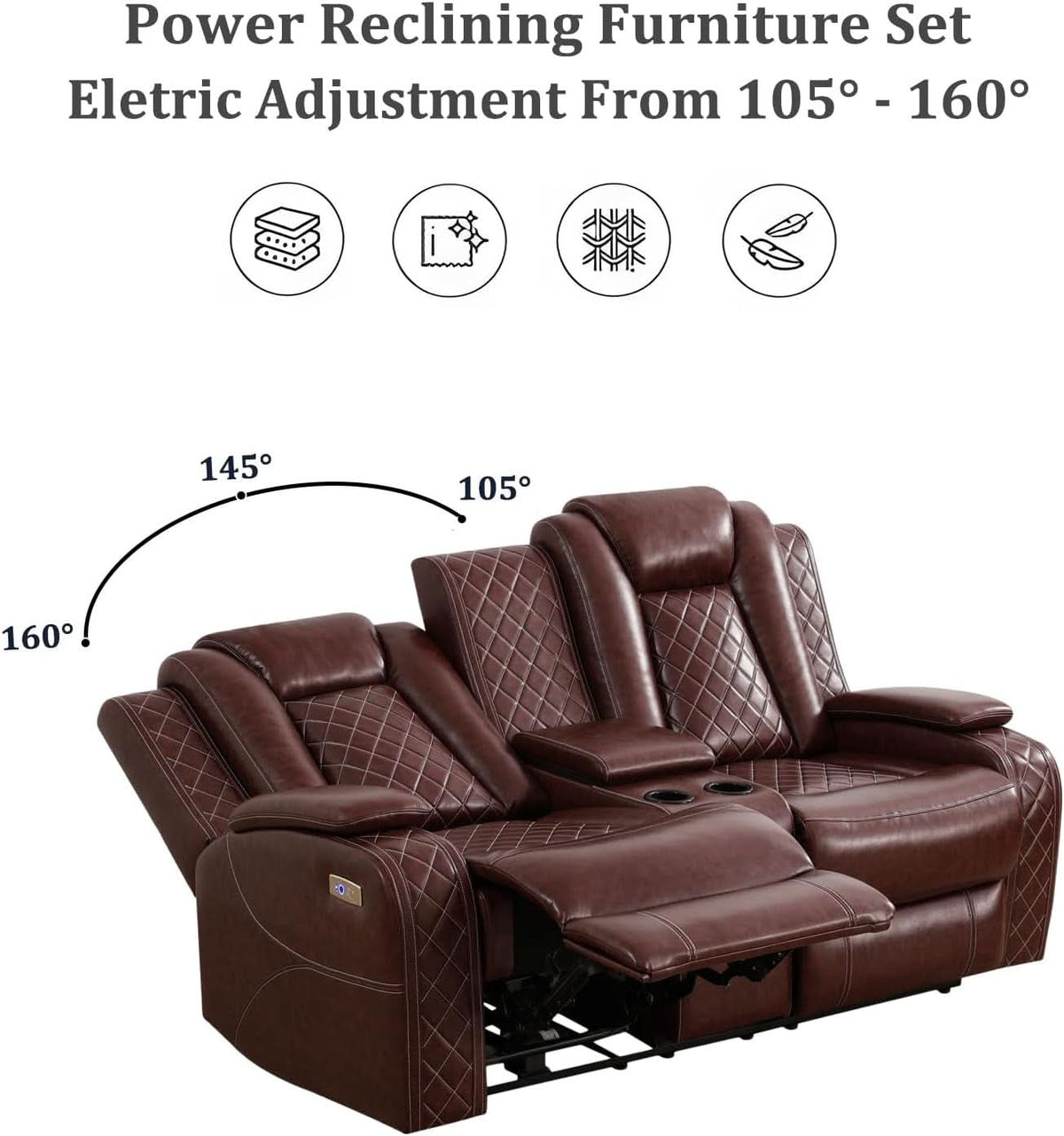 Power Reclining Leather Sofa Set With USB Ports Burgundy