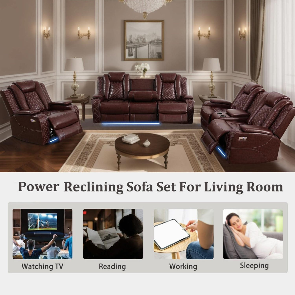 Power Reclining Leather Sofa Set With USB Ports Burgundy