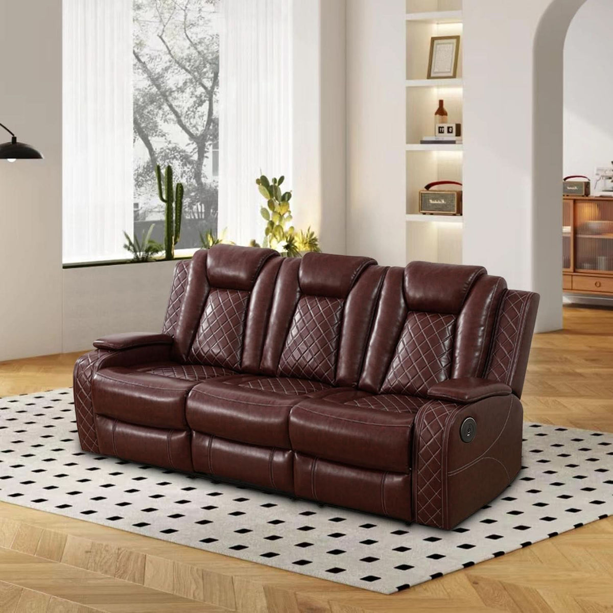 Power Reclining Leather Sofa Set With USB Ports Burgundy