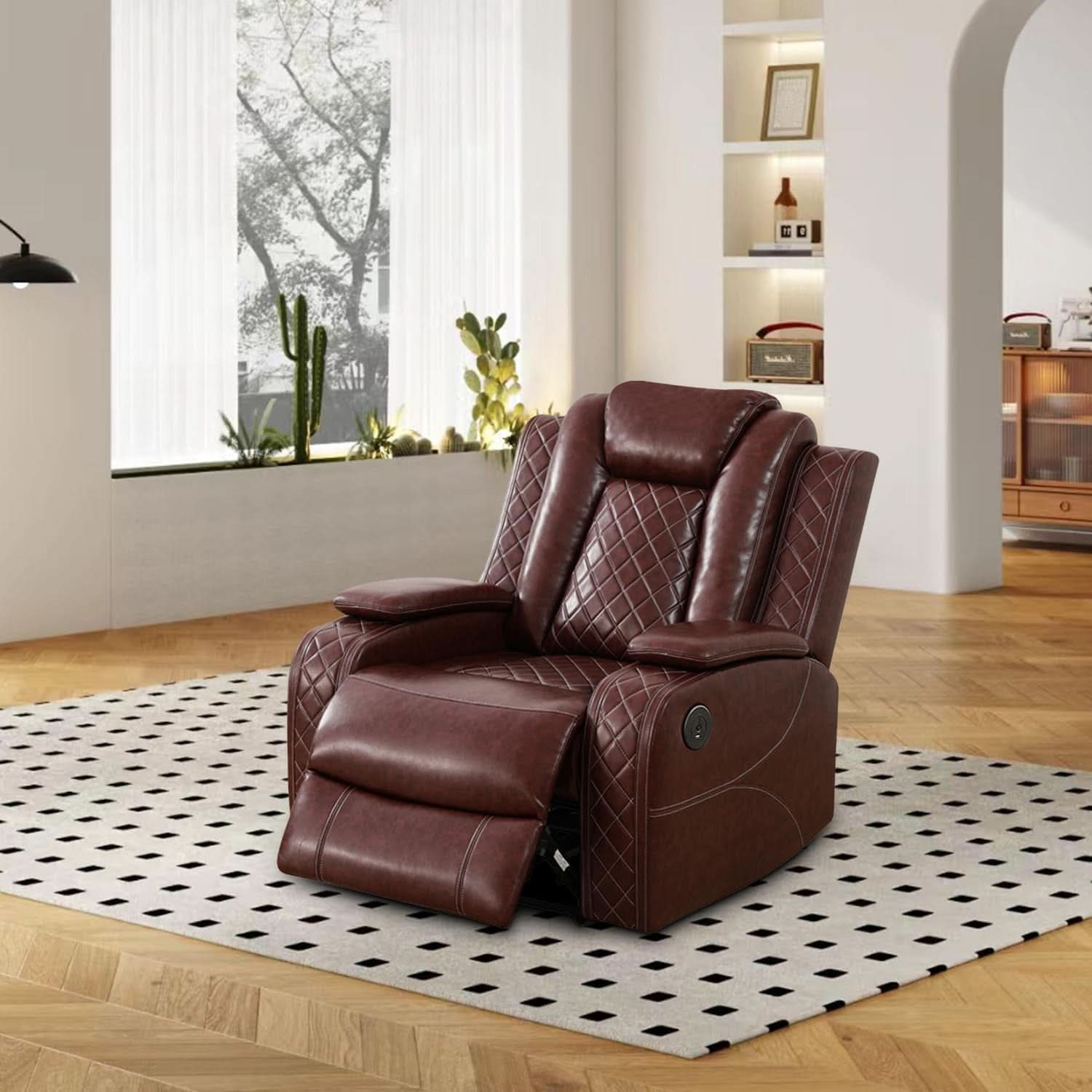 Power Reclining Leather Sofa Set With USB Ports Burgundy