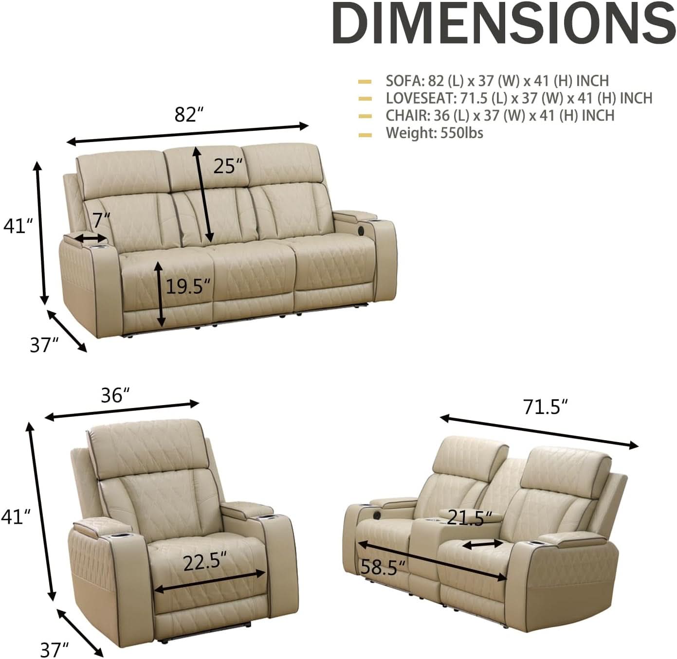 Power Reclining Leather Sofa Set With USB Ports Khaki