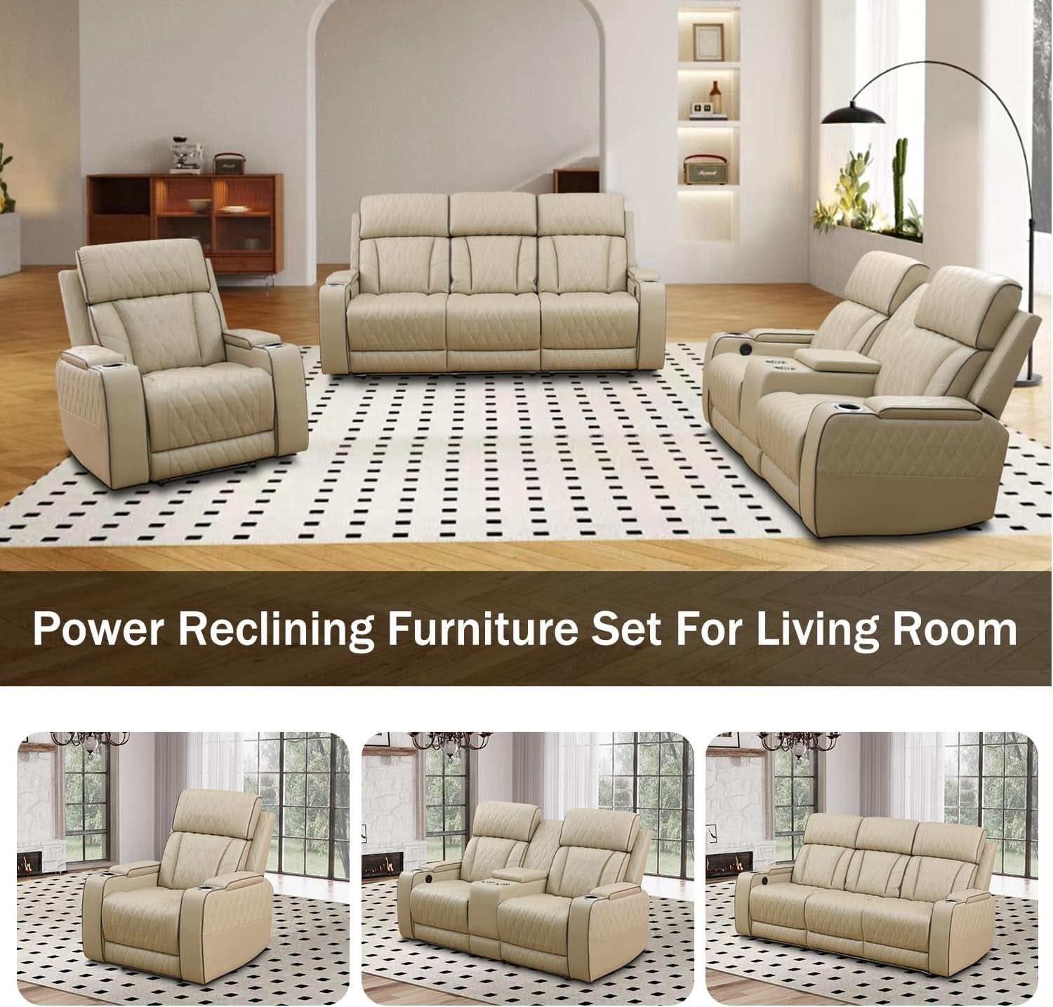 Power Reclining Leather Sofa Set With USB Ports Khaki