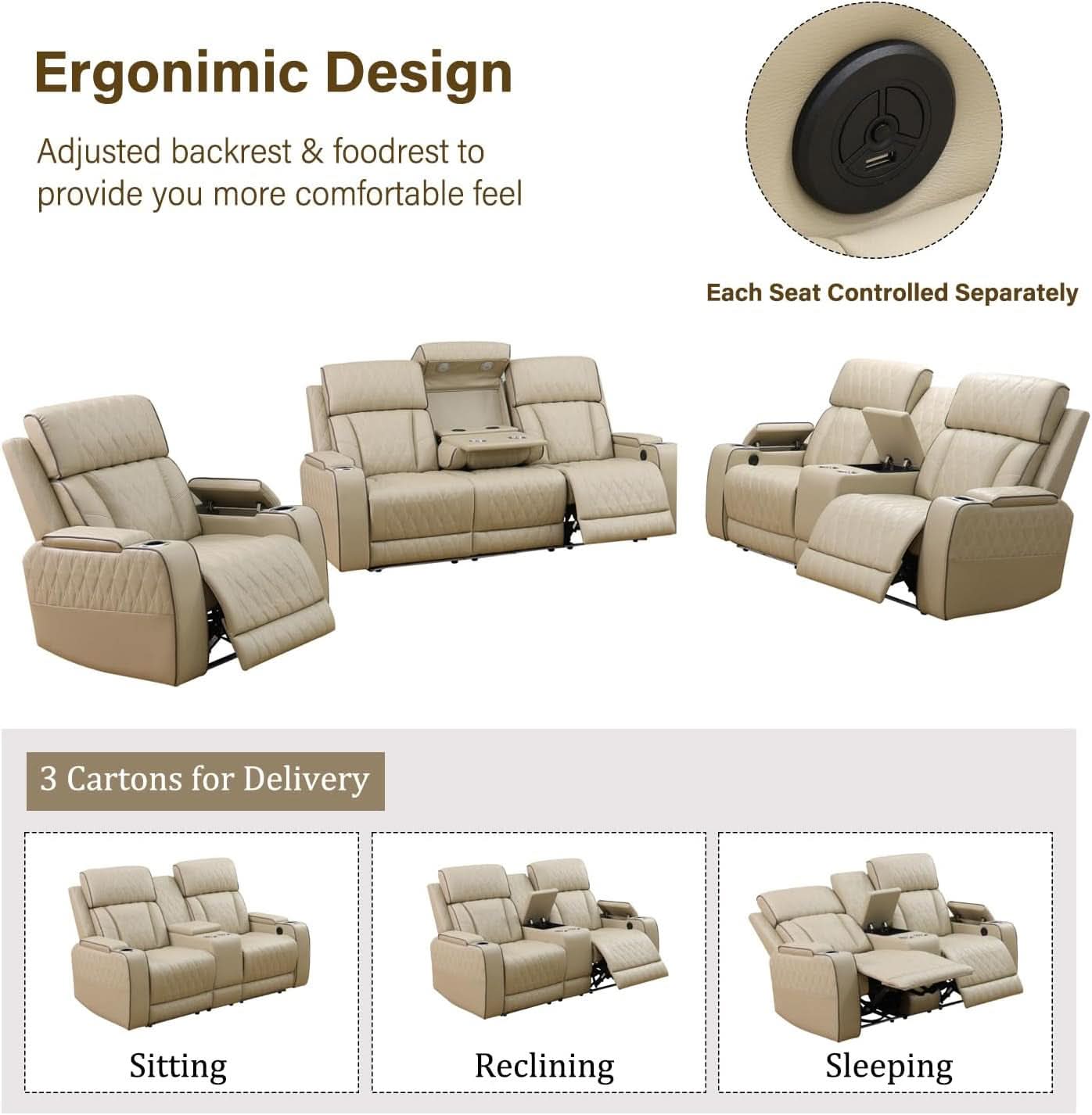 Power Reclining Leather Sofa Set With USB Ports Khaki