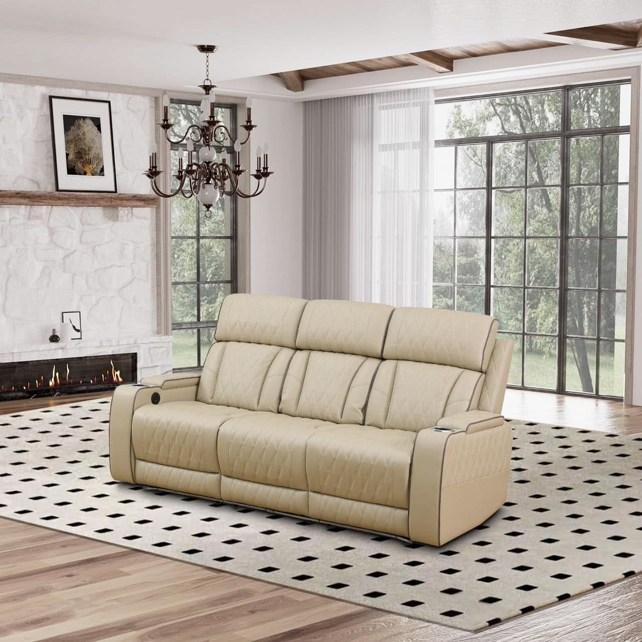 Power Reclining Leather Sofa Set With USB Ports Khaki