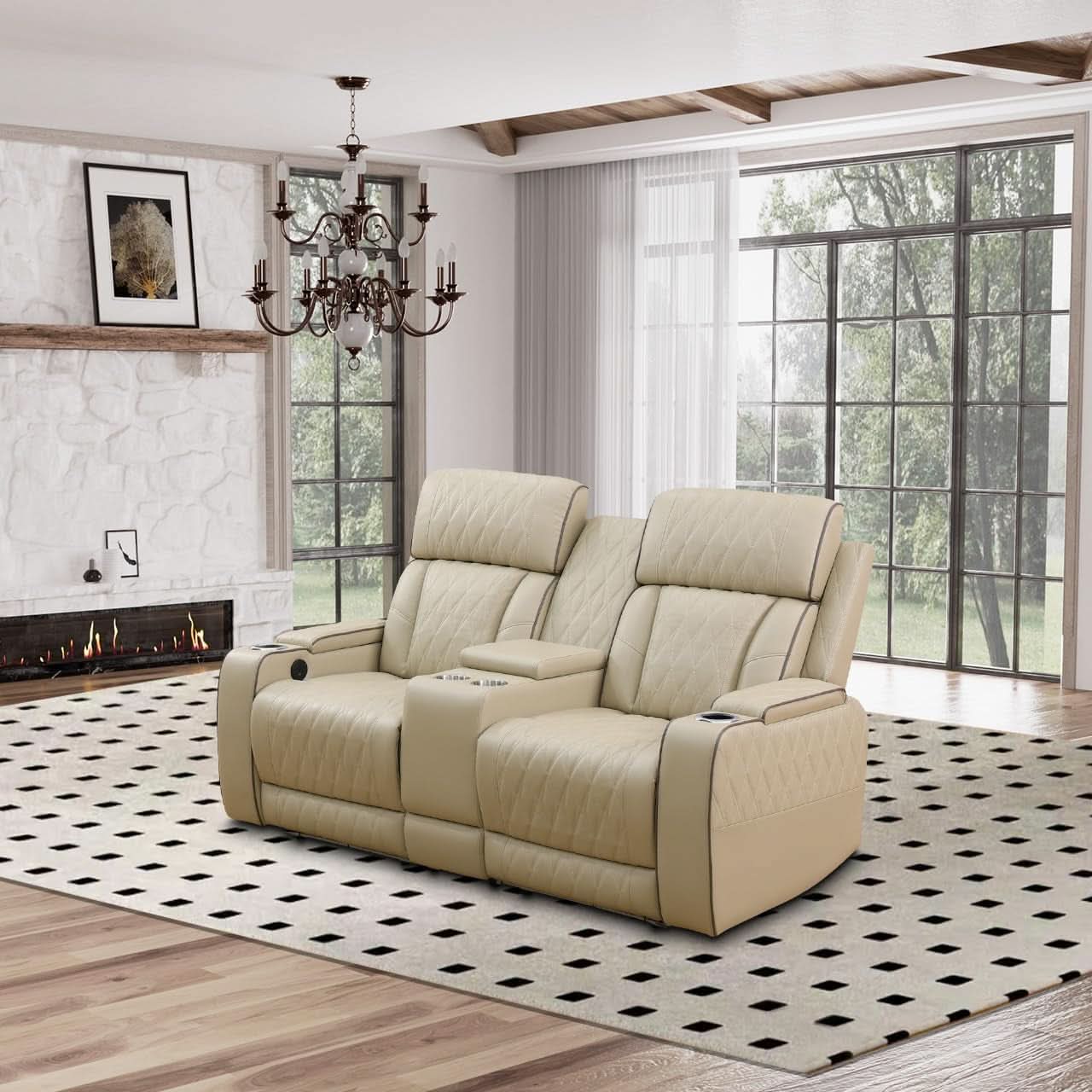 Power Reclining Leather Sofa Set With USB Ports Khaki