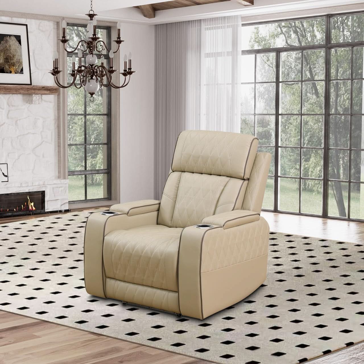 Power Reclining Leather Sofa Set With USB Ports Khaki