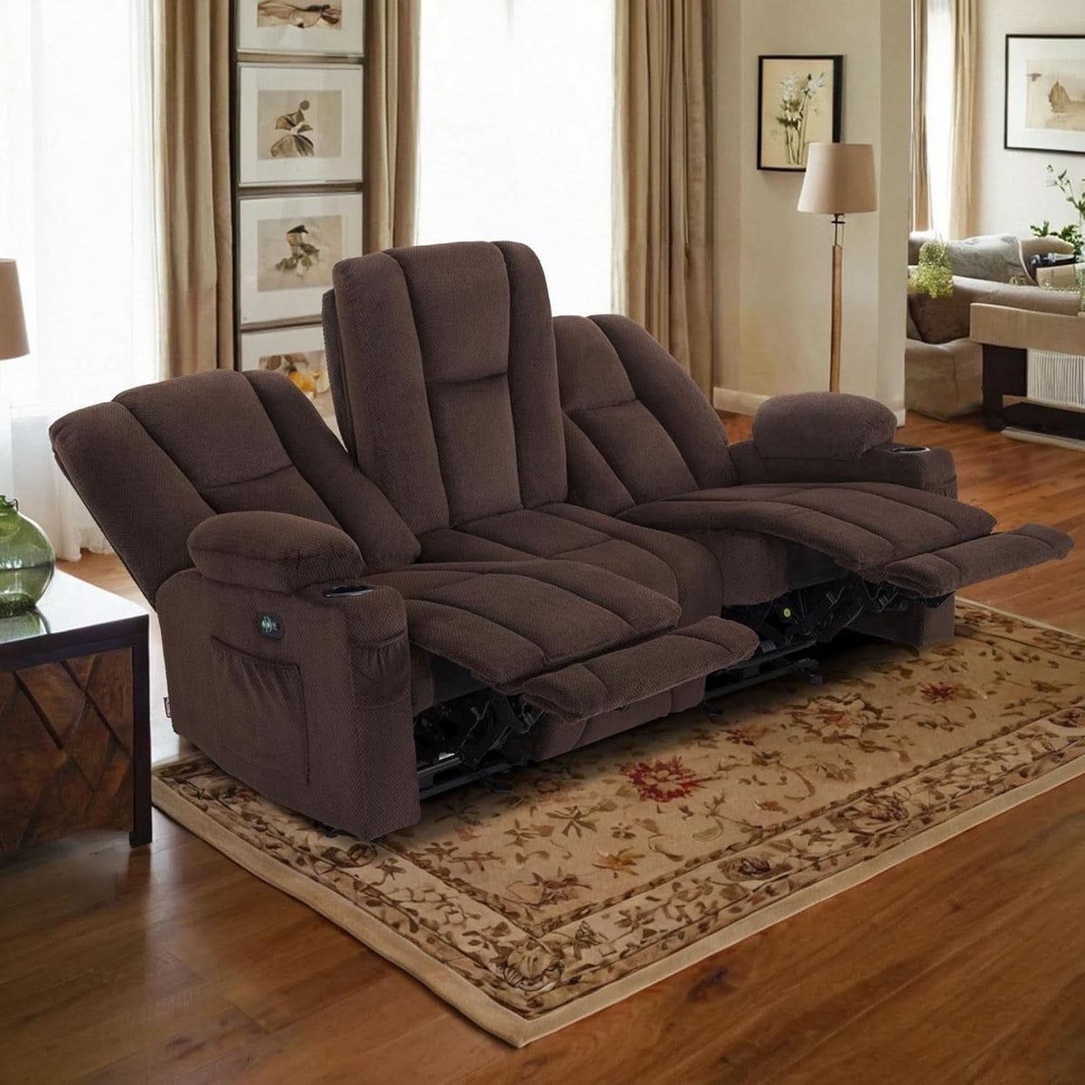 Power Reclining Sofa 3 Seat With Heat And Vibration Brown