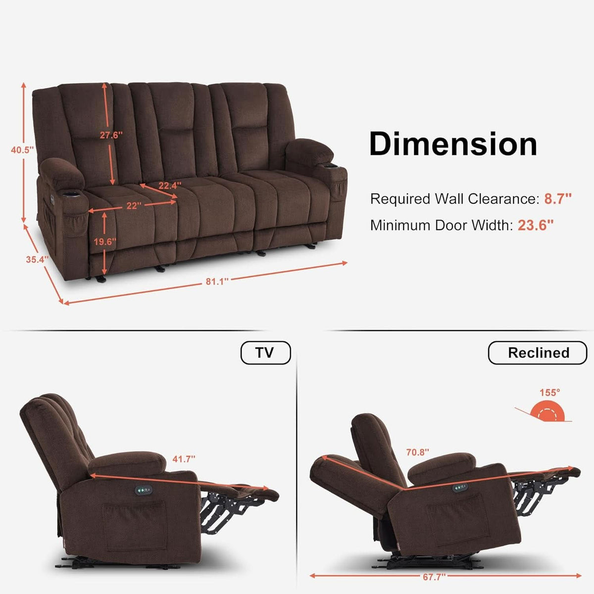 Power Reclining Sofa 3 Seat With Heat And Vibration Brown