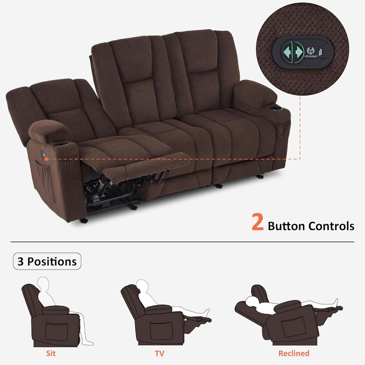 Power Reclining Sofa 3 Seat With Heat And Vibration Brown