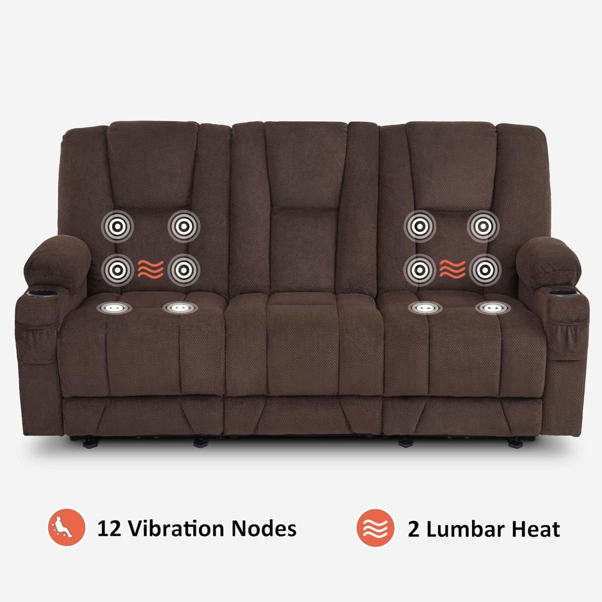 Power Reclining Sofa 3 Seat With Heat And Vibration Brown