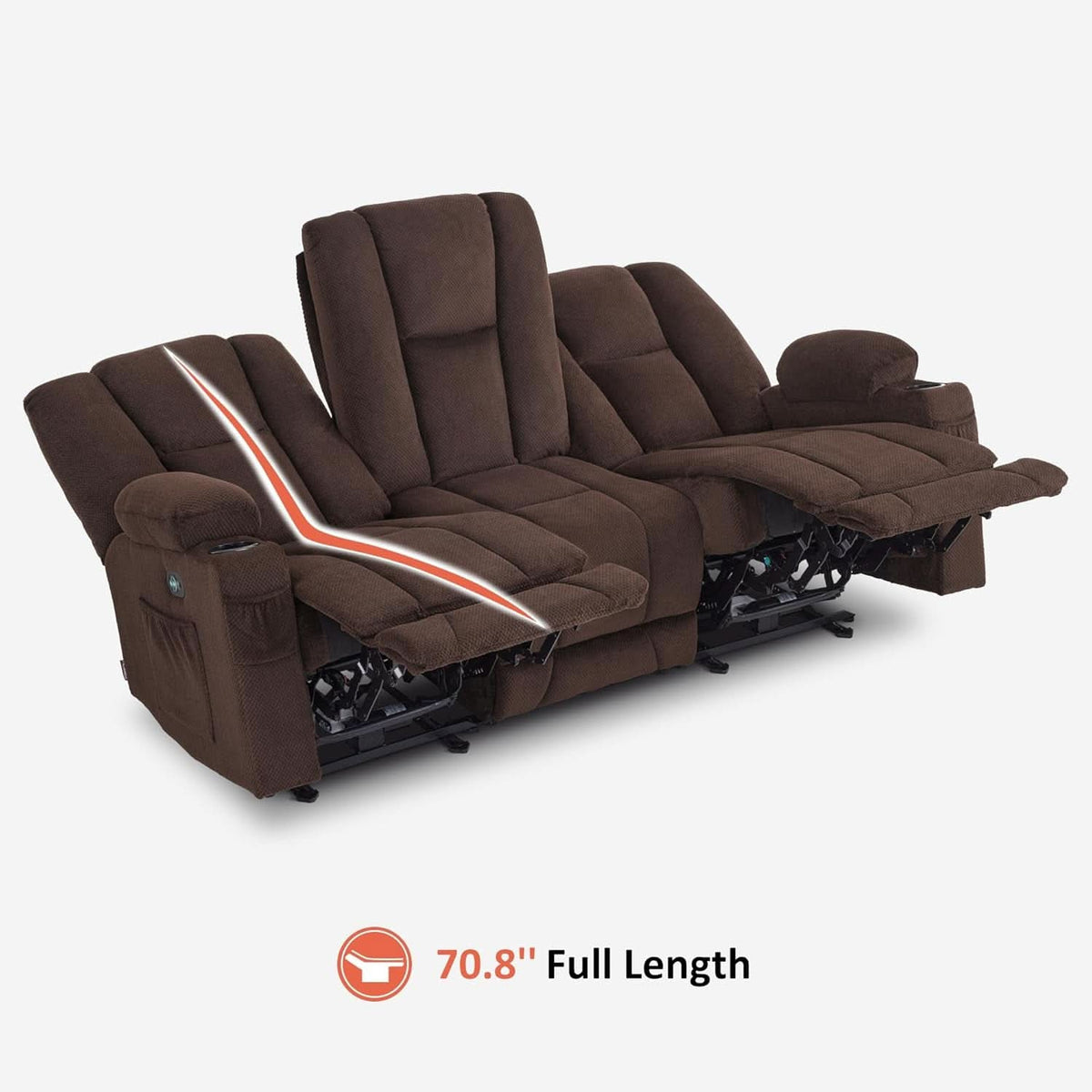 Power Reclining Sofa 3 Seat With Heat And Vibration Brown