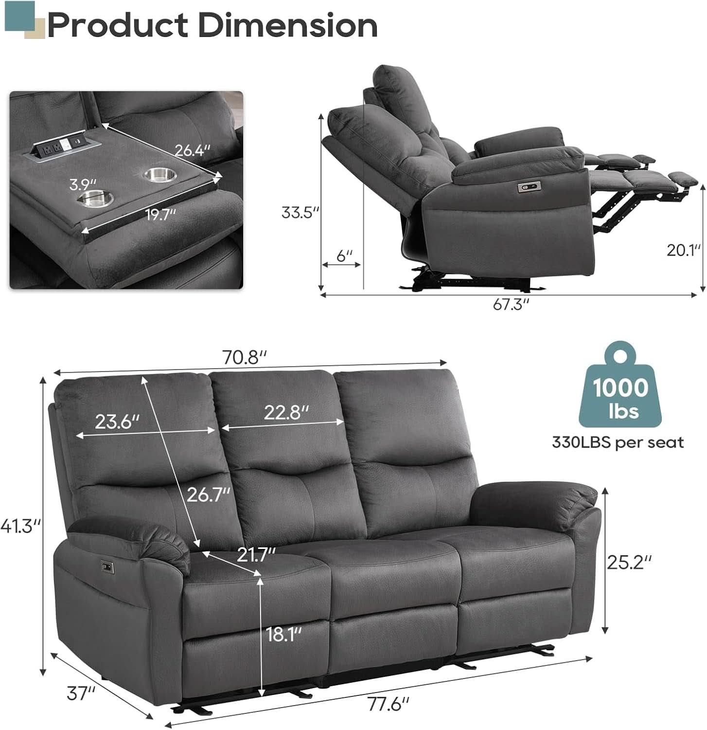 Power Reclining Sofa 3 Seater Gray Modern Living Room Furniture