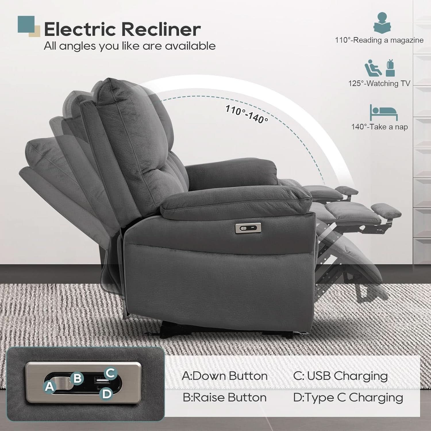 Power Reclining Sofa 3 Seater Gray Modern Living Room Furniture