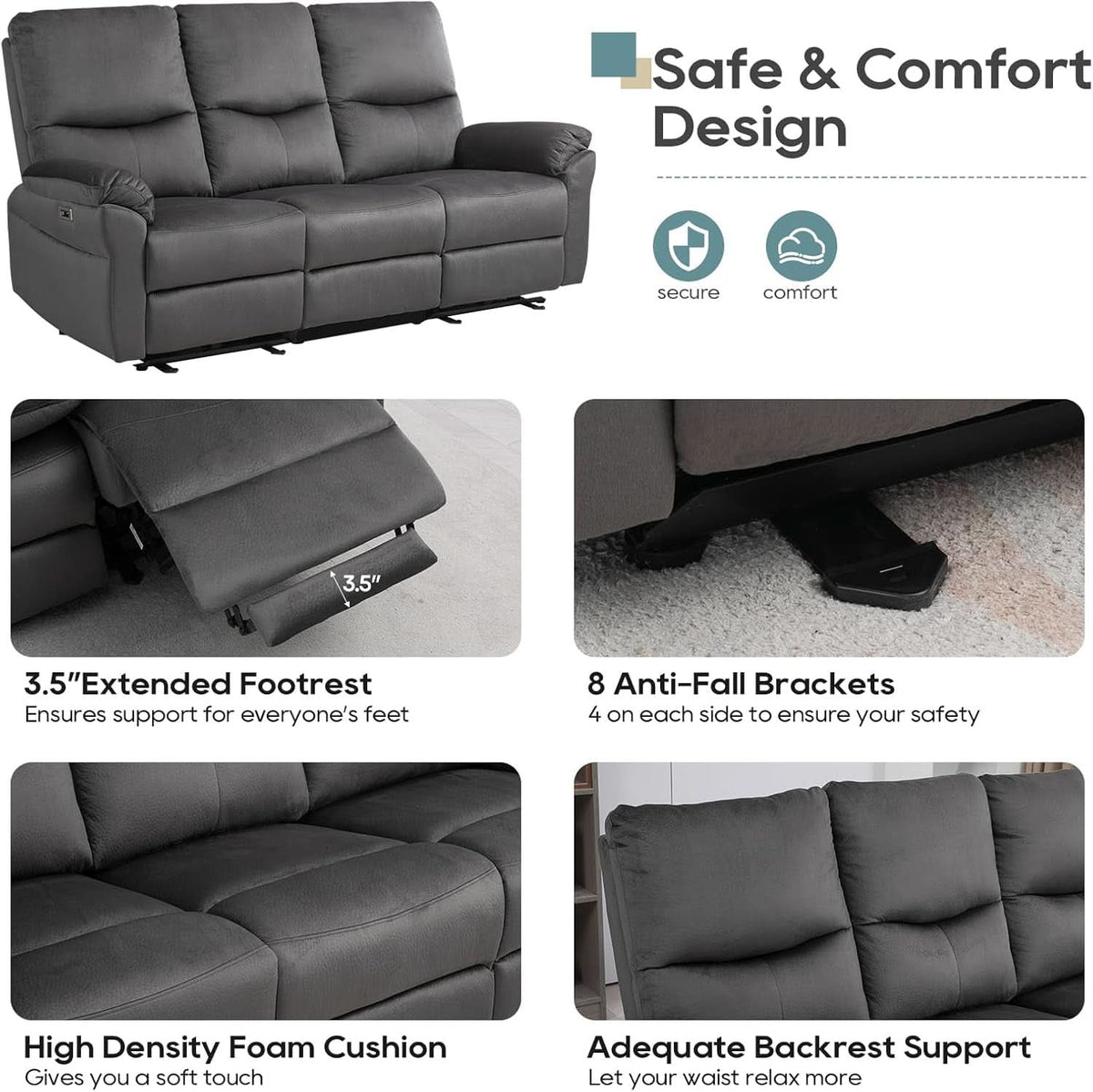 Power Reclining Sofa 3 Seater Gray Modern Living Room Furniture
