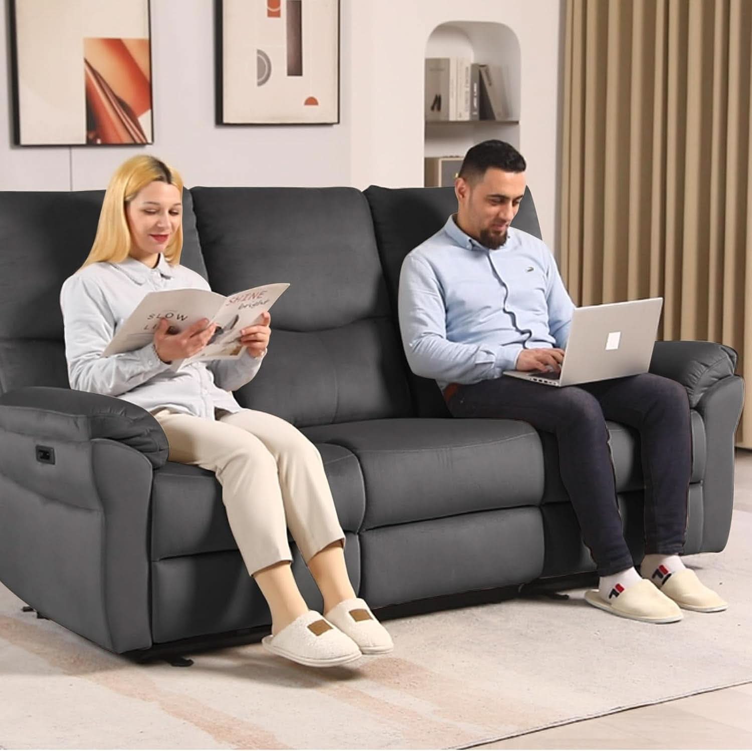 Power Reclining Sofa 3 Seater Gray Modern Living Room Furniture