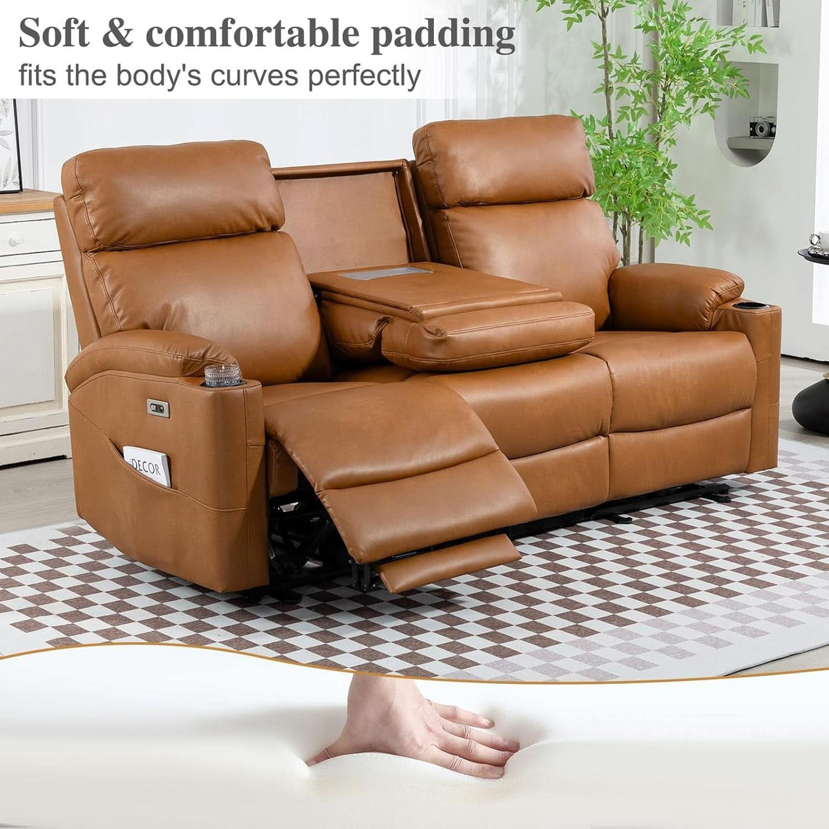 Power Reclining Sofa Brown PU Leather Independent Backrests