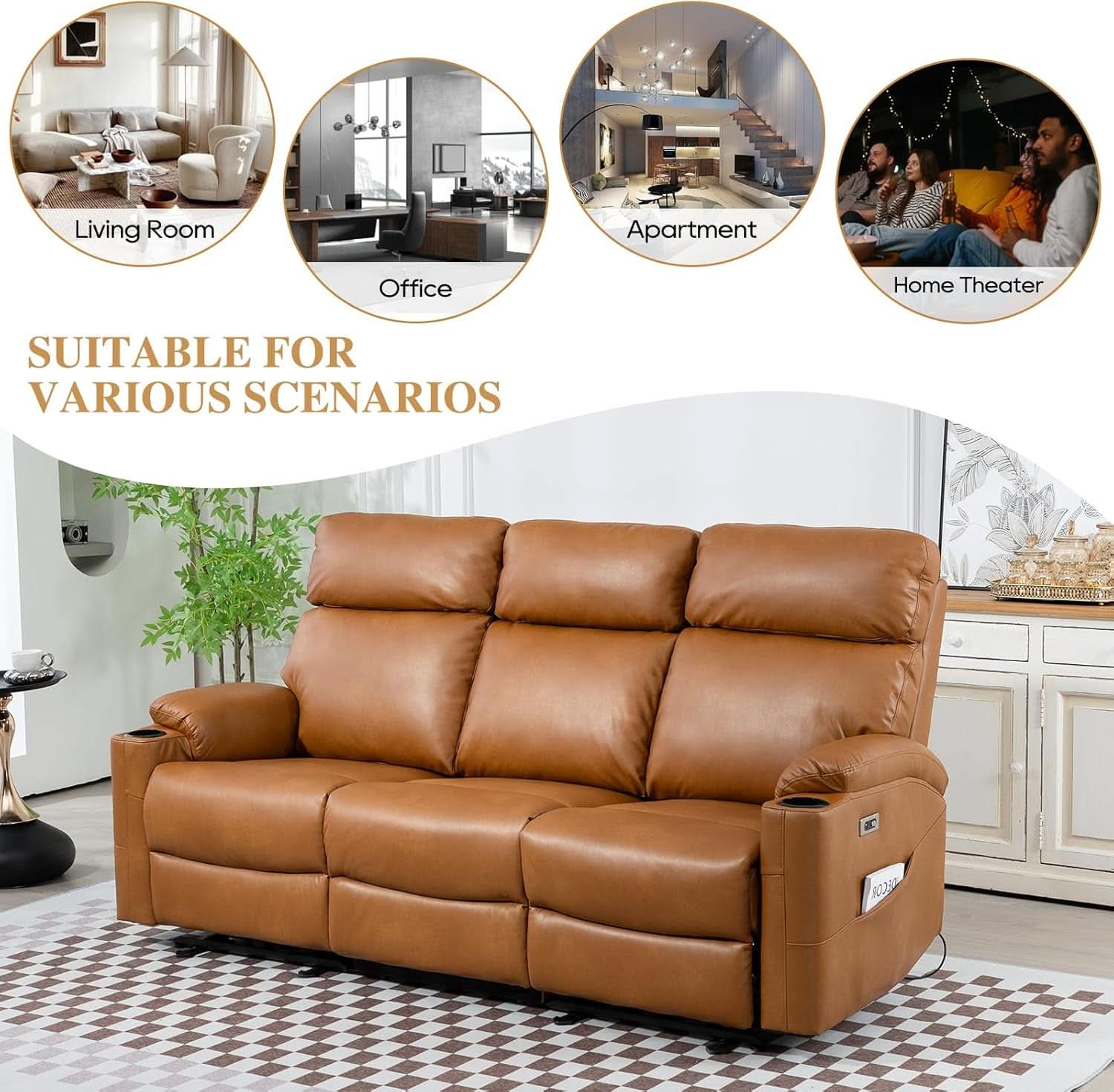 Power Reclining Sofa Brown PU Leather Independent Backrests
