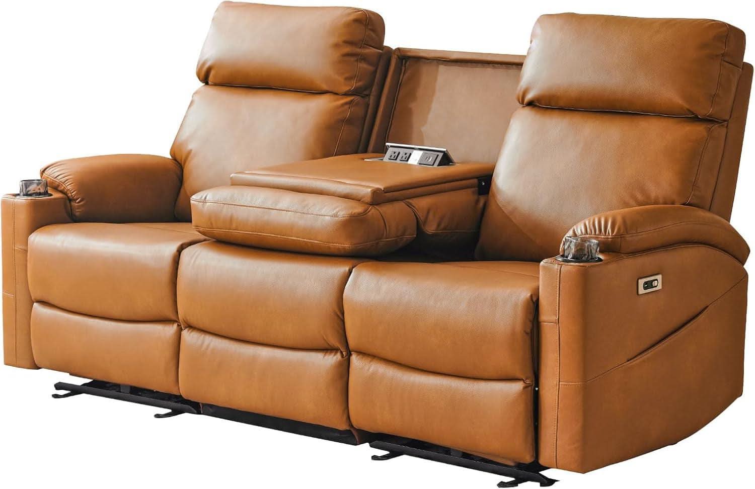 Power Reclining Sofa Brown PU Leather Independent Backrests
