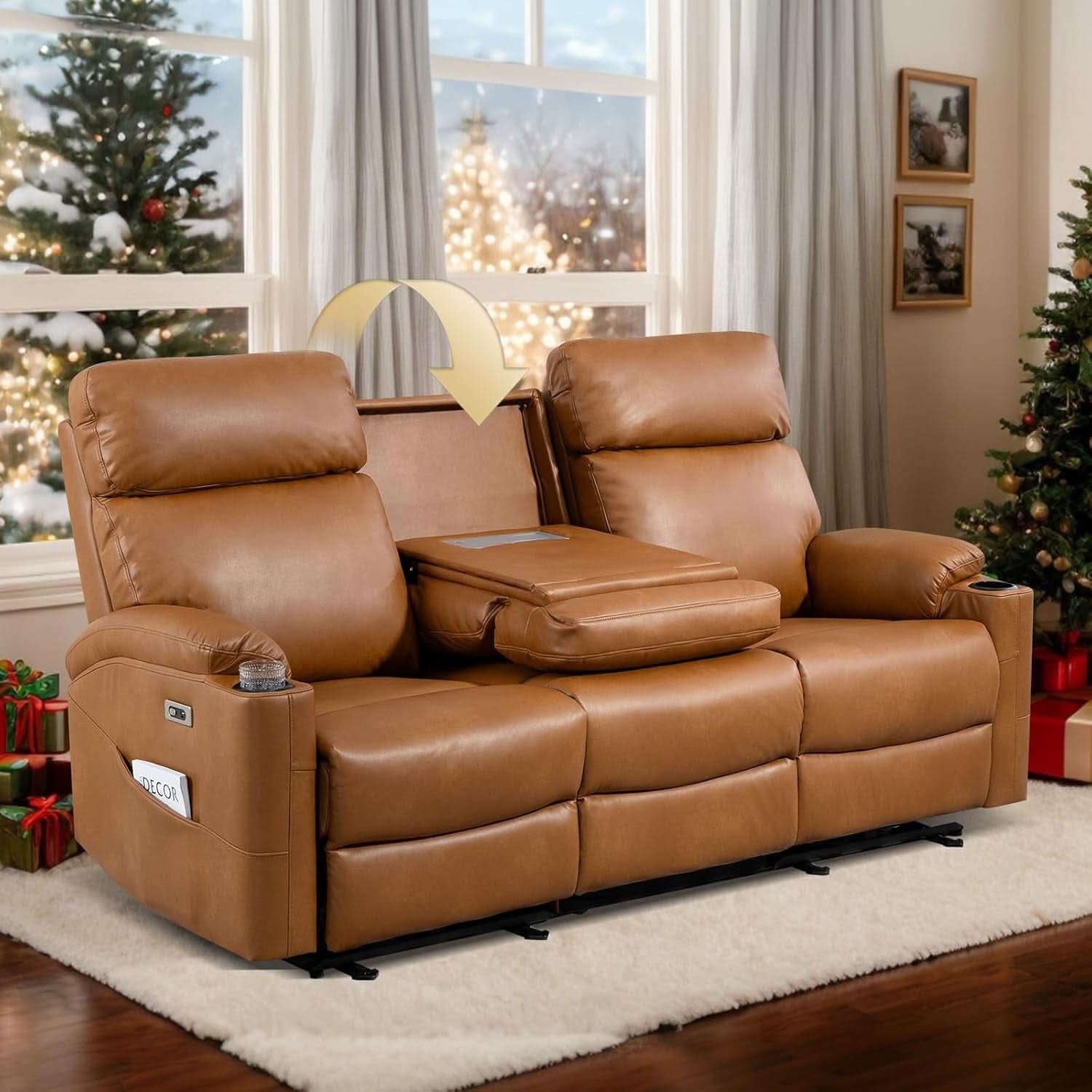 Power Reclining Sofa Brown PU Leather Independent Backrests