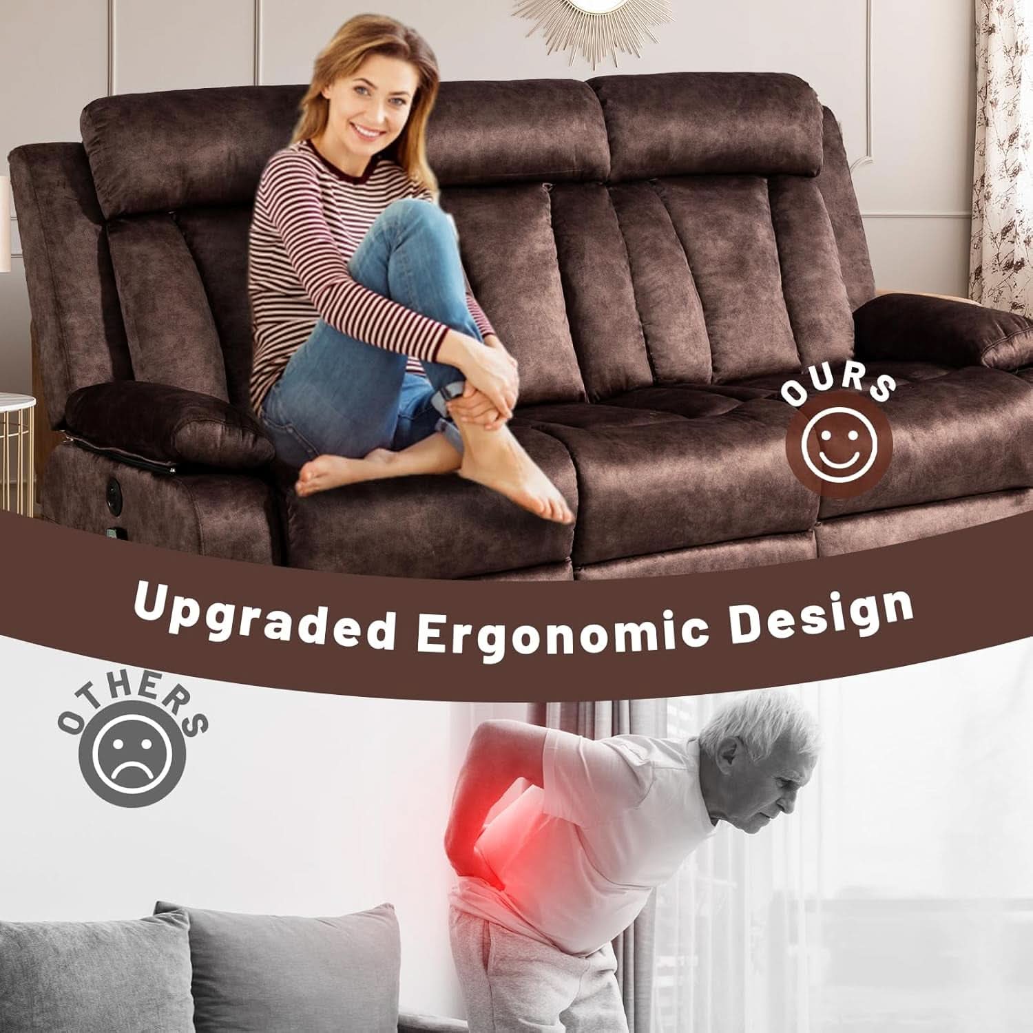 Power Reclining Sofa Set 3 Seat With Massage USB Ports