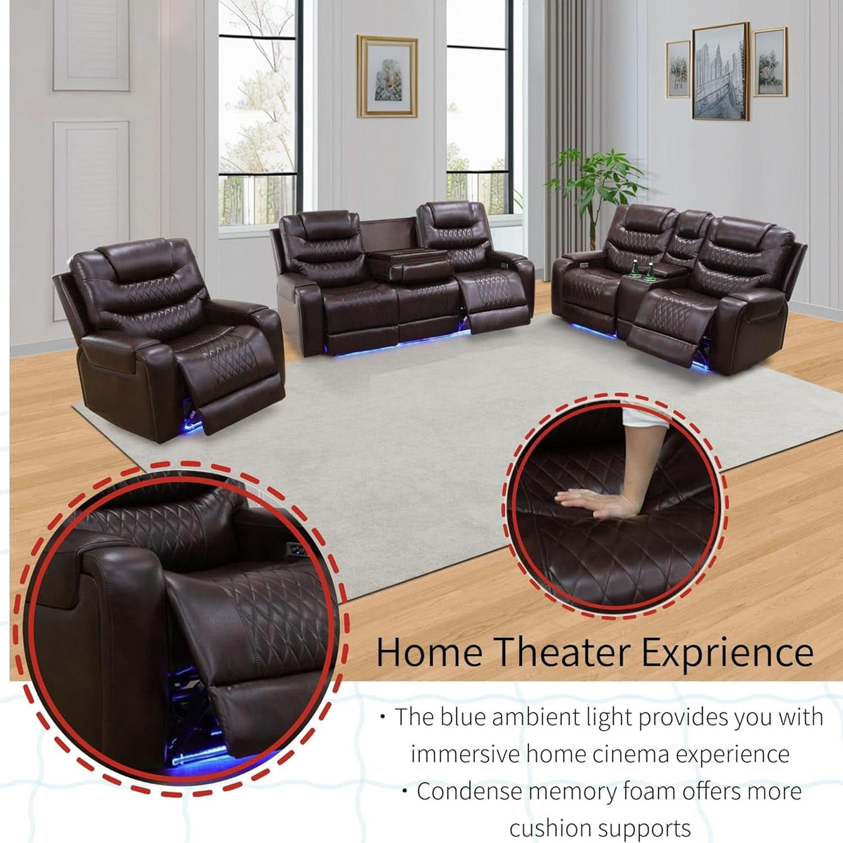 Power Reclining Sofa Set With USB Ports In Wine Leather