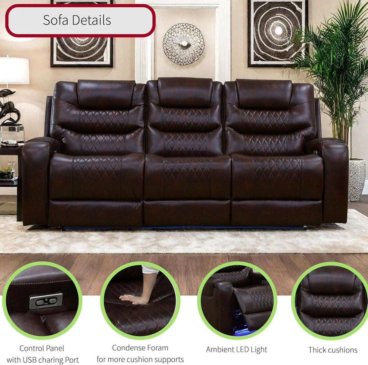 Power Reclining Sofa Set With USB Ports In Wine Leather