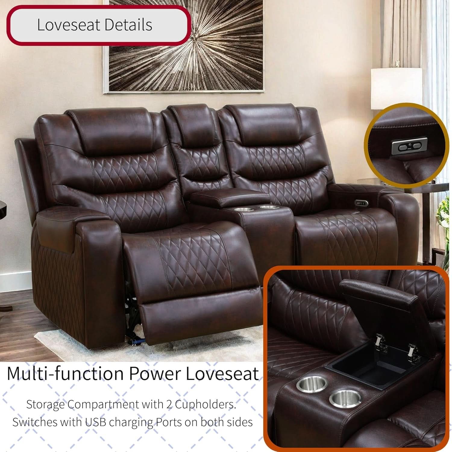 Power Reclining Sofa Set With USB Ports In Wine Leather