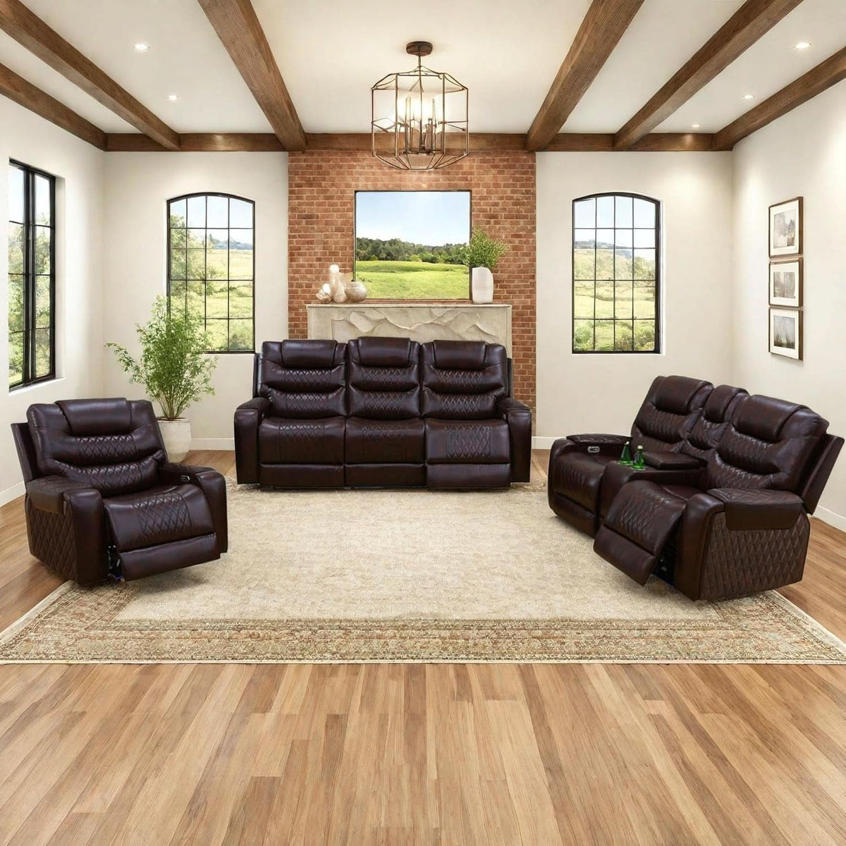 Power Reclining Sofa Set With USB Ports In Wine Leather