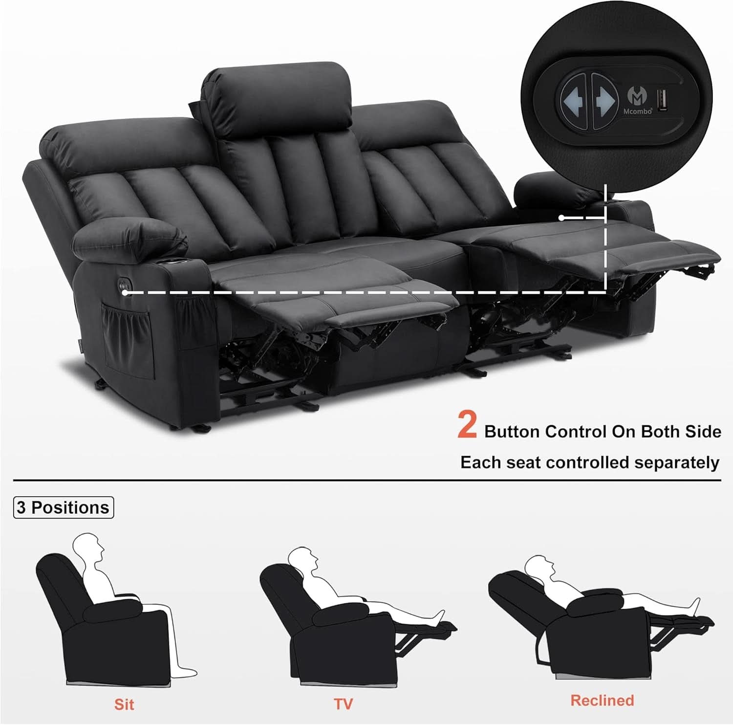 Power Reclining Sofa With Heat And USB Ports Black
