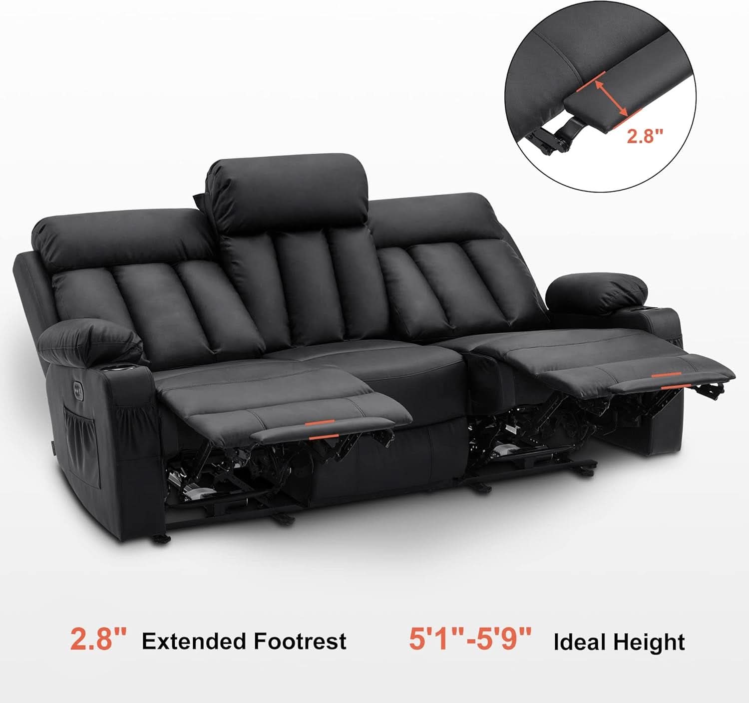 Power Reclining Sofa With Heat And USB Ports Black
