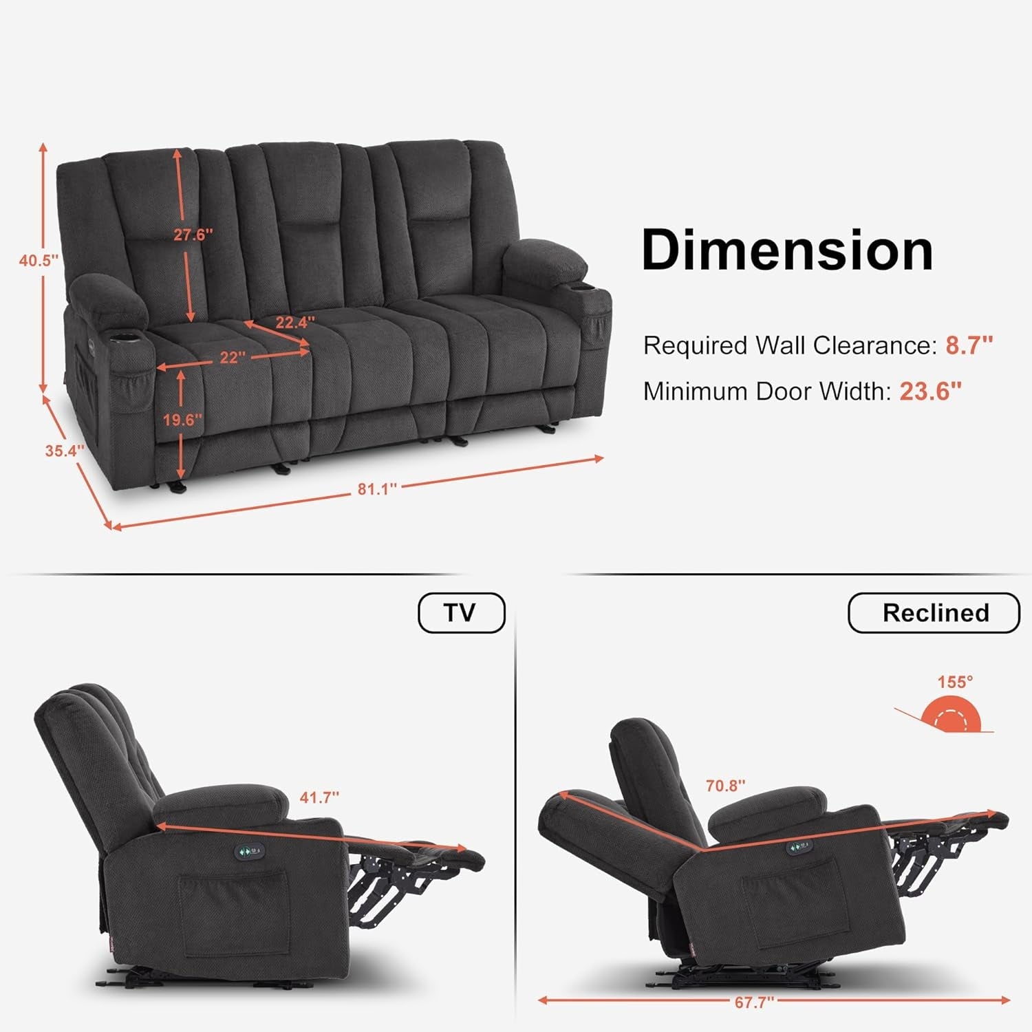 Power Reclining Sofa With Heat And Vibration Gray 6015