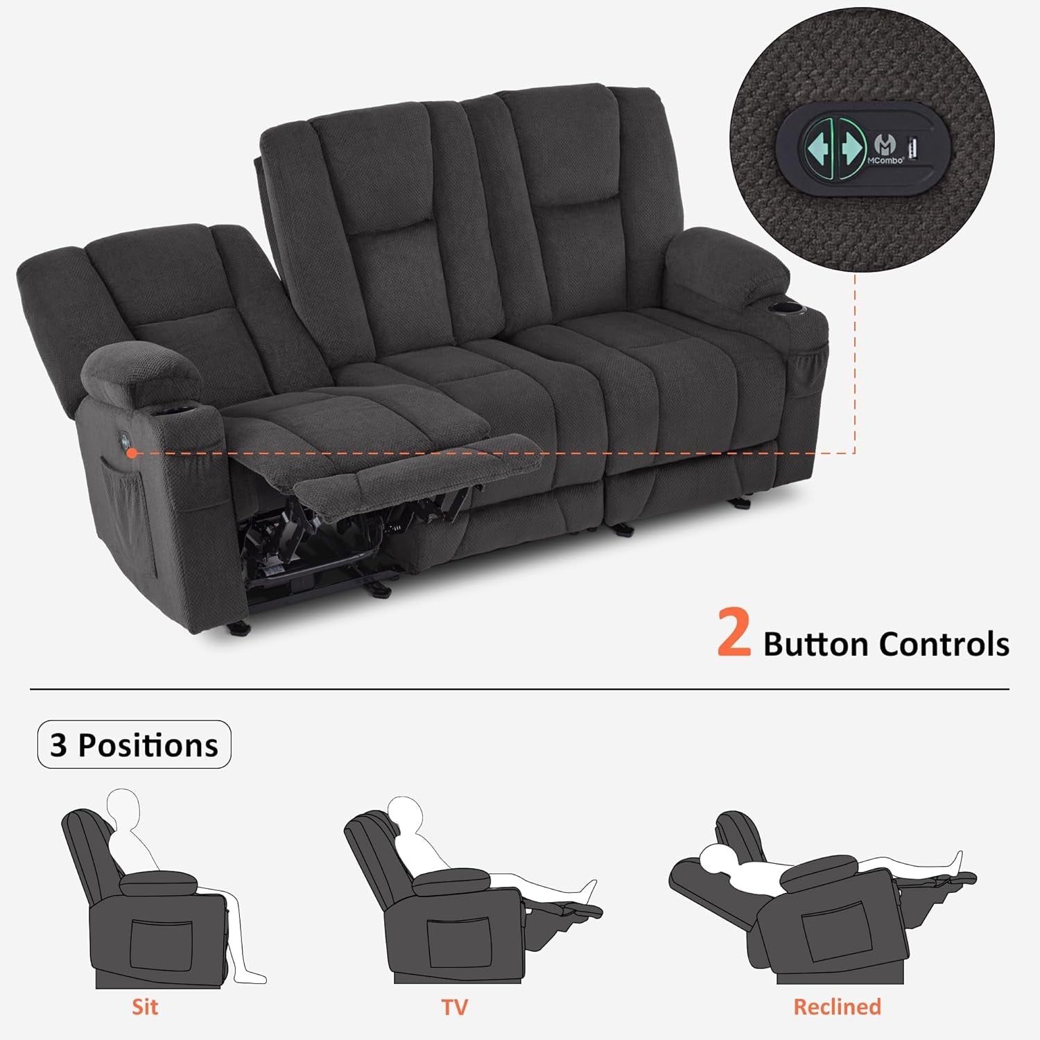 Power Reclining Sofa With Heat And Vibration Gray 6015