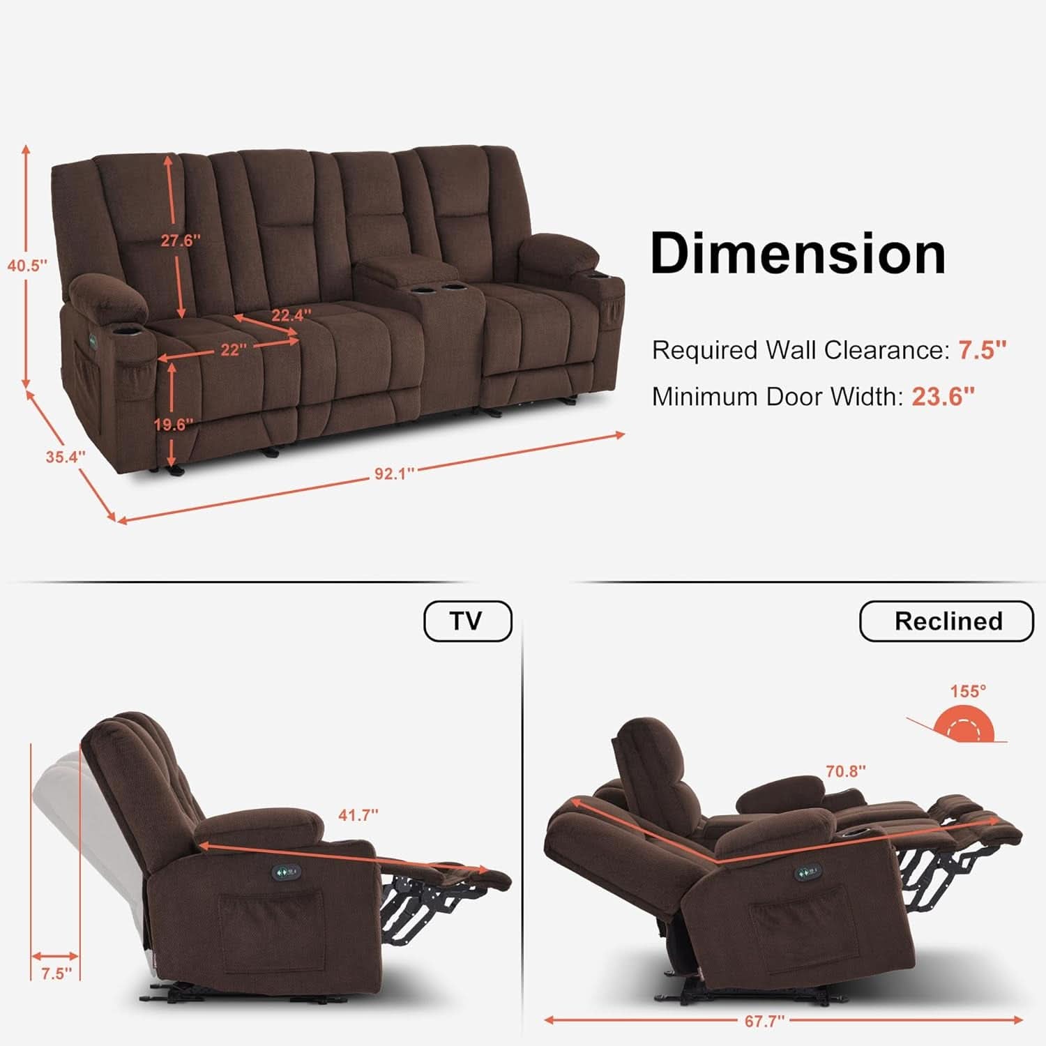Power Reclining Sofa With Heat And Vibration Usb Ports And Cup Holders Brown