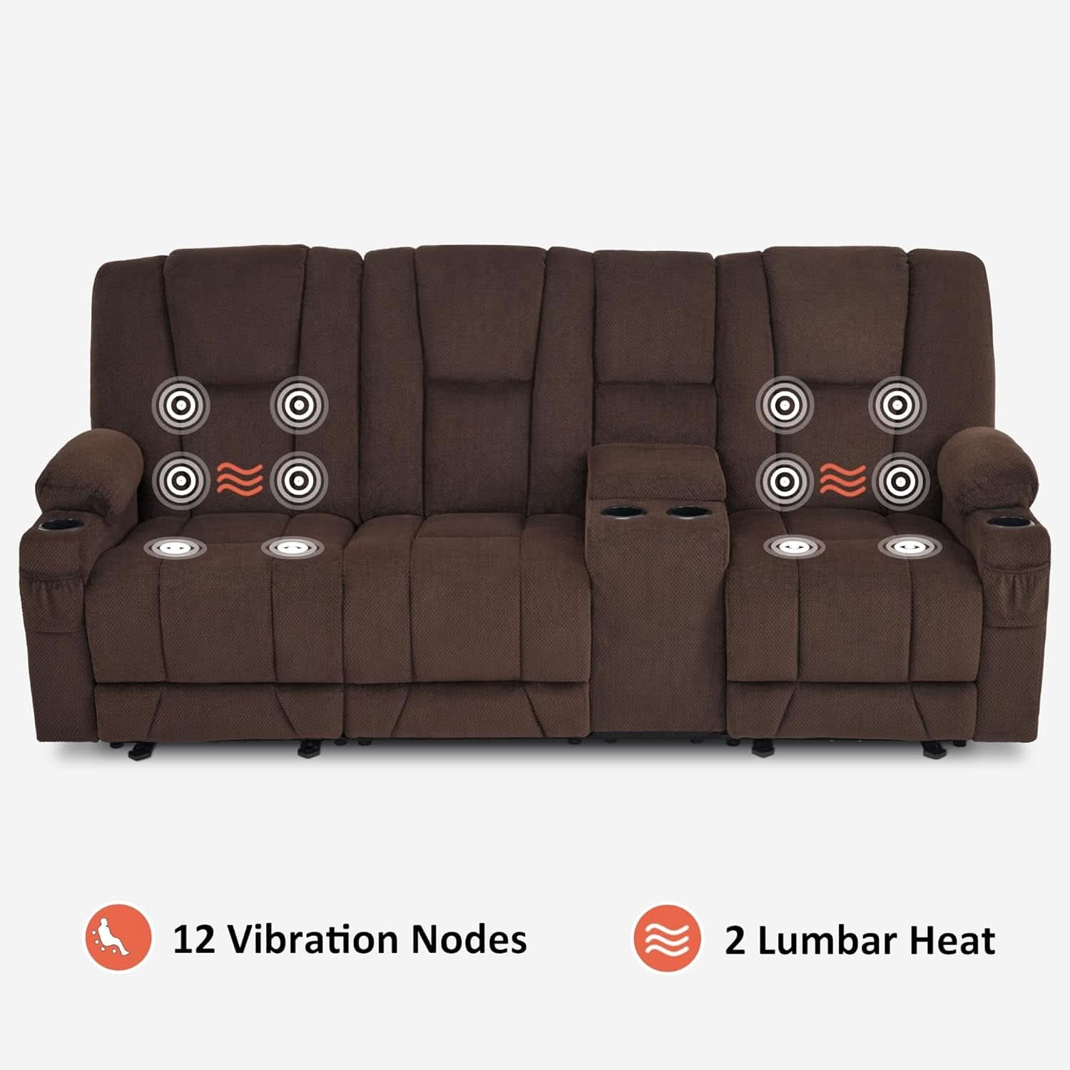 Power Reclining Sofa With Heat And Vibration Usb Ports And Cup Holders Brown
