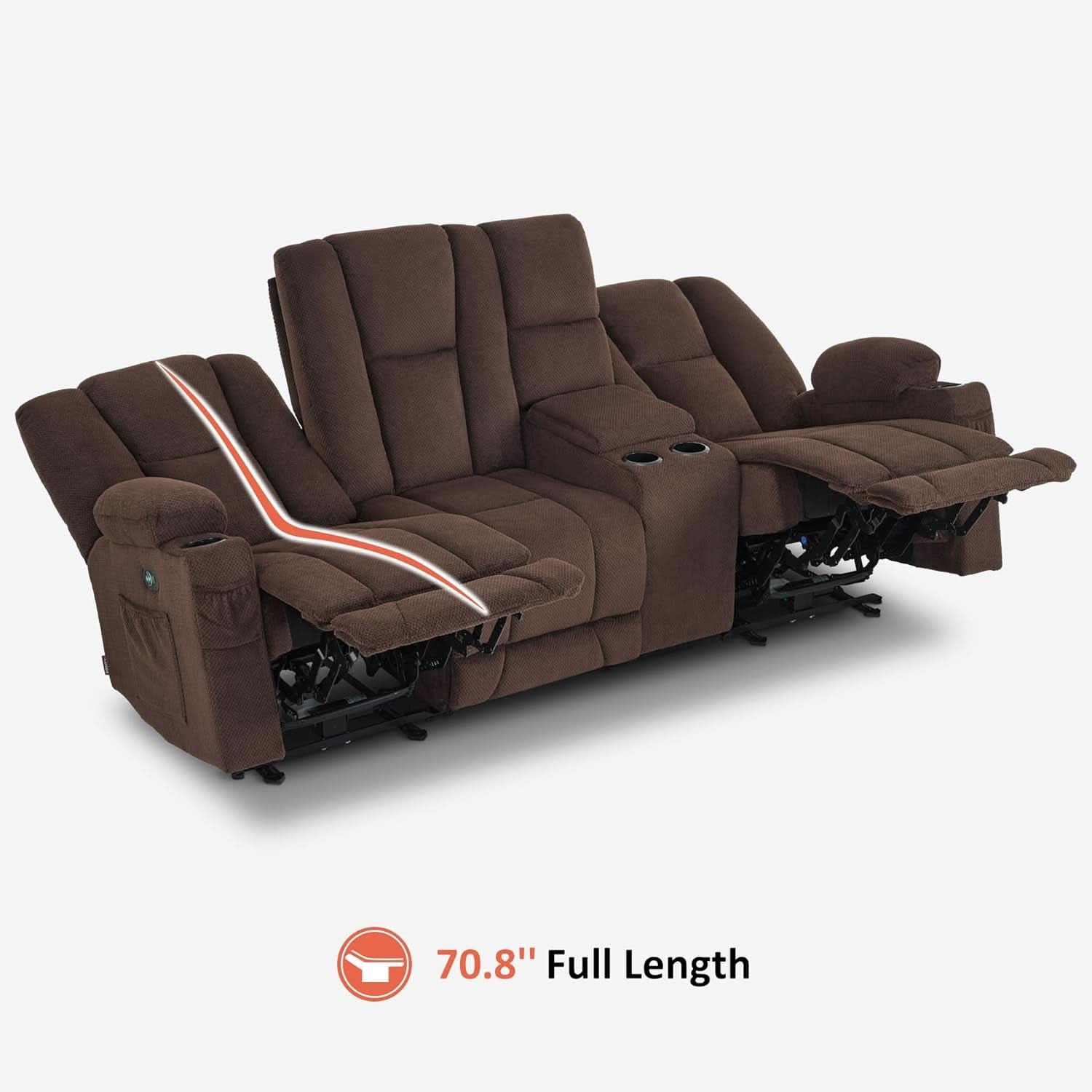 Power Reclining Sofa With Heat And Vibration Usb Ports And Cup Holders Brown