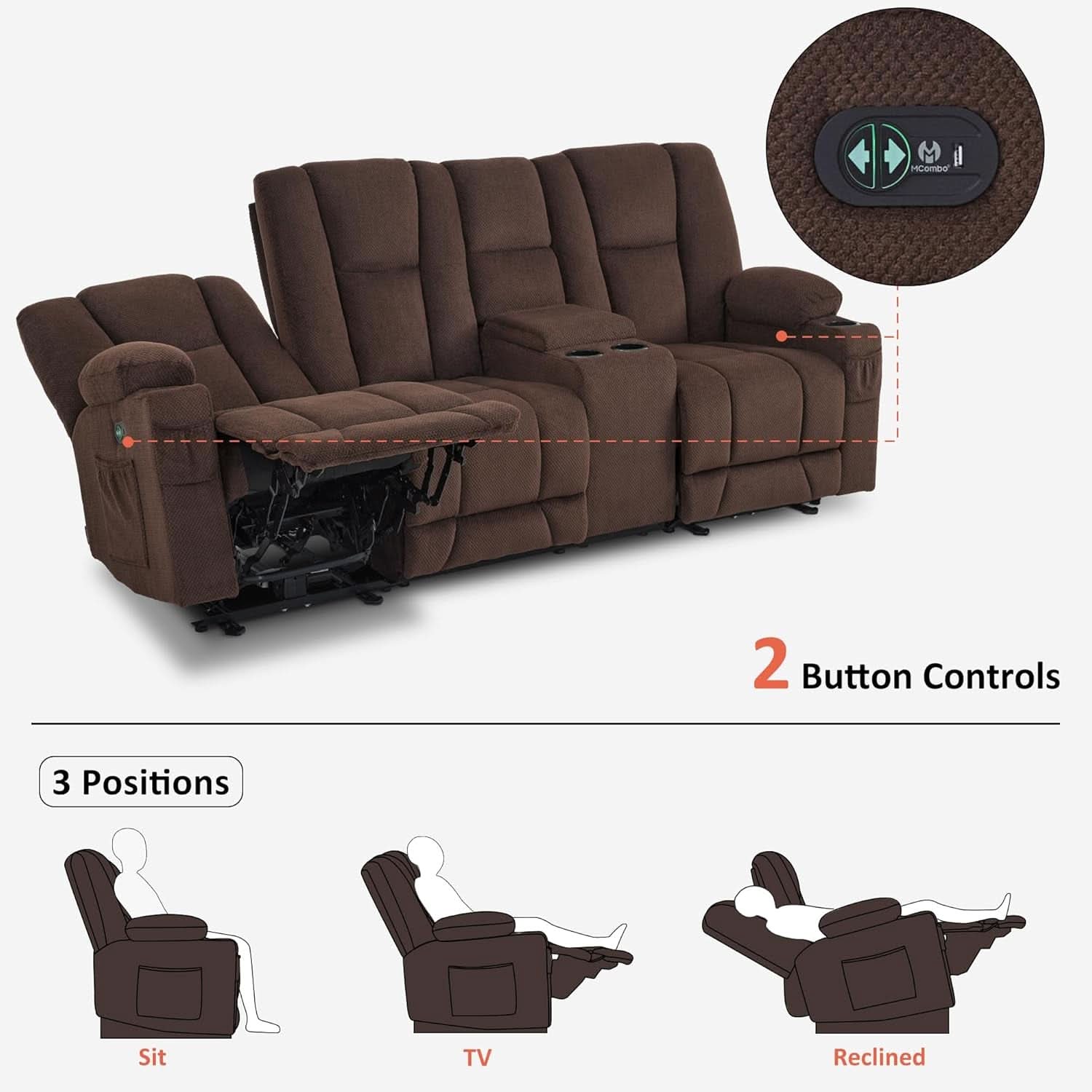 Power Reclining Sofa With Heat And Vibration Usb Ports And Cup Holders Brown