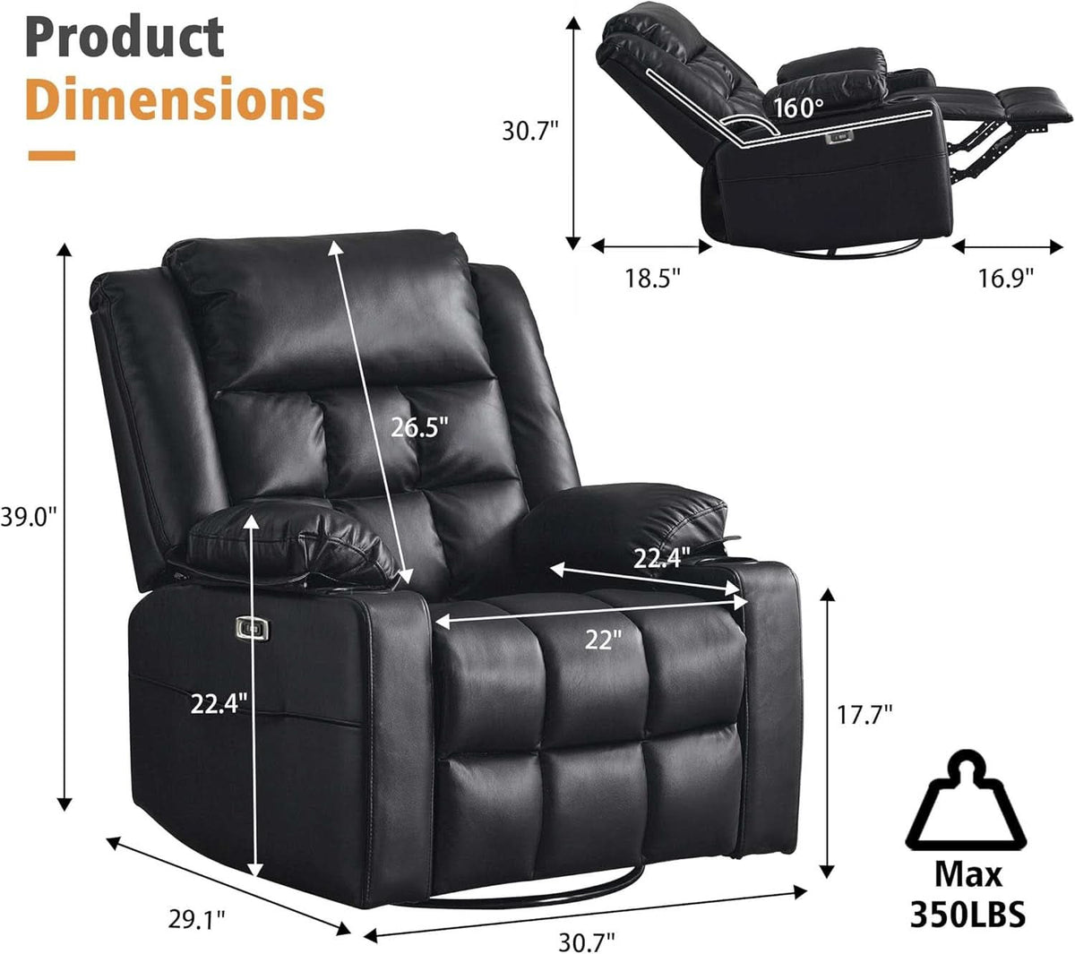 Power Swivel Rocker Recliner Chair With Massage And USB Ports Black