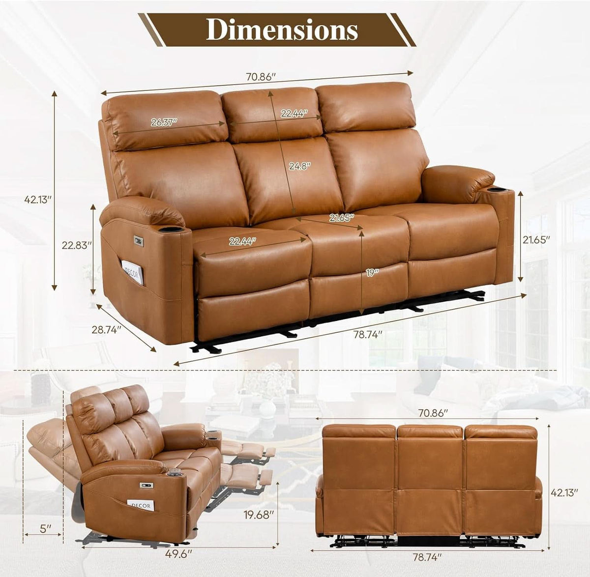 Power Three Seat Recliner Sofa With USB Ports Brown Finish