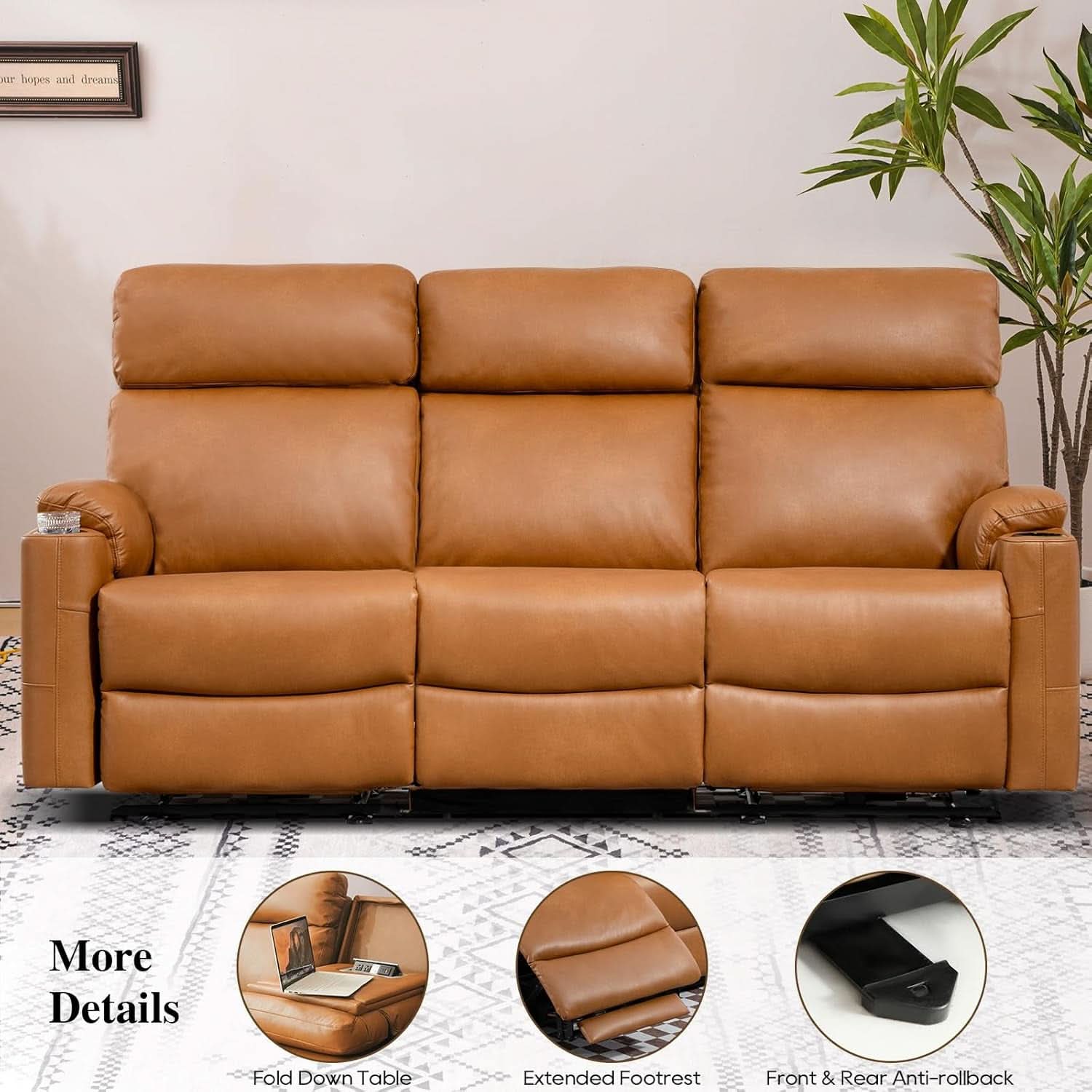 Power Three Seat Recliner Sofa With USB Ports Brown Finish
