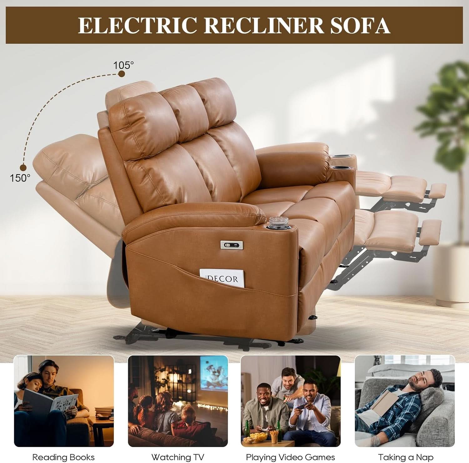 Power Three Seat Recliner Sofa With USB Ports Brown Finish