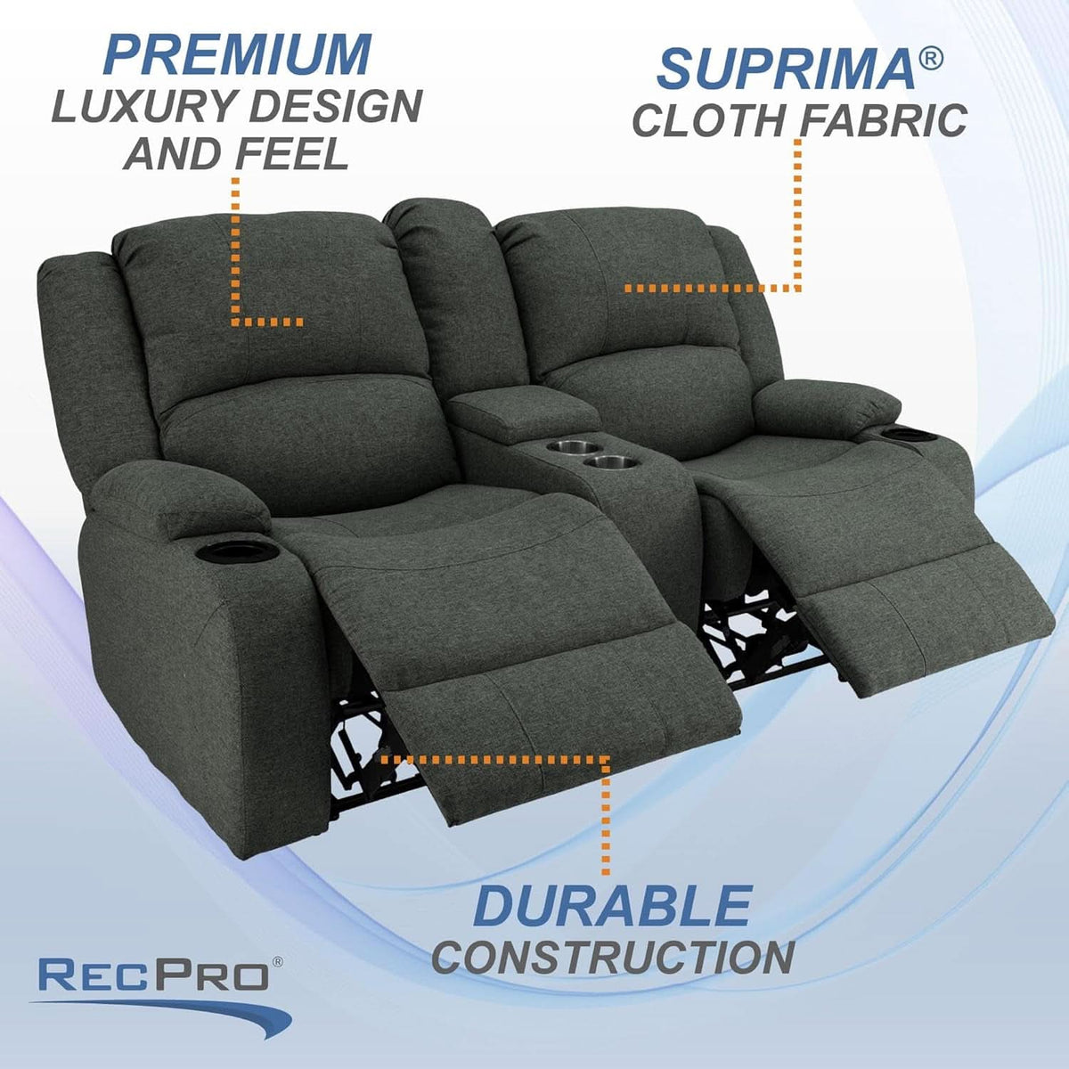 Powered Double Wall Hugger Recliner Sofa 67in Fossil Cloth