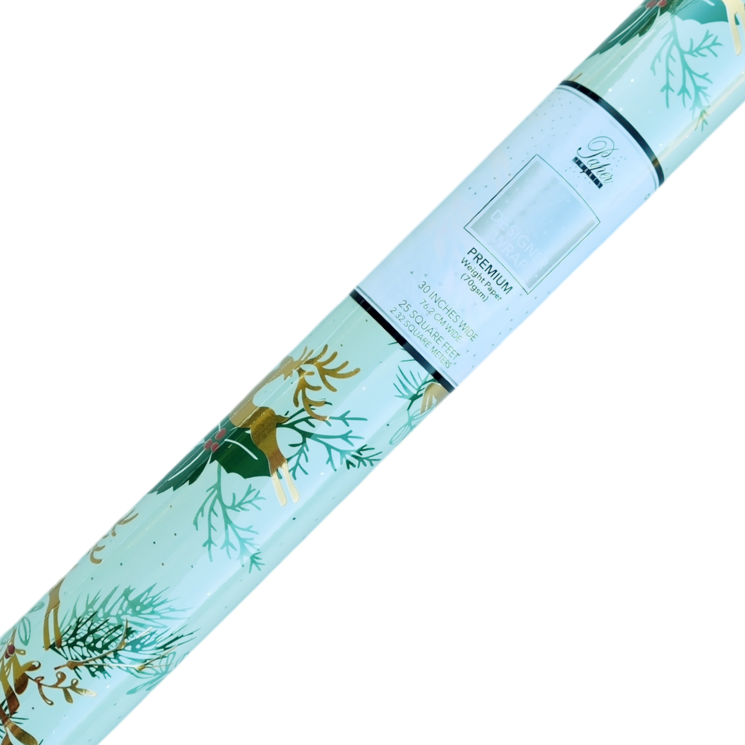 Premium Foil Roll Wrap - 30" x 120" - Golden Reindeer Reverie
