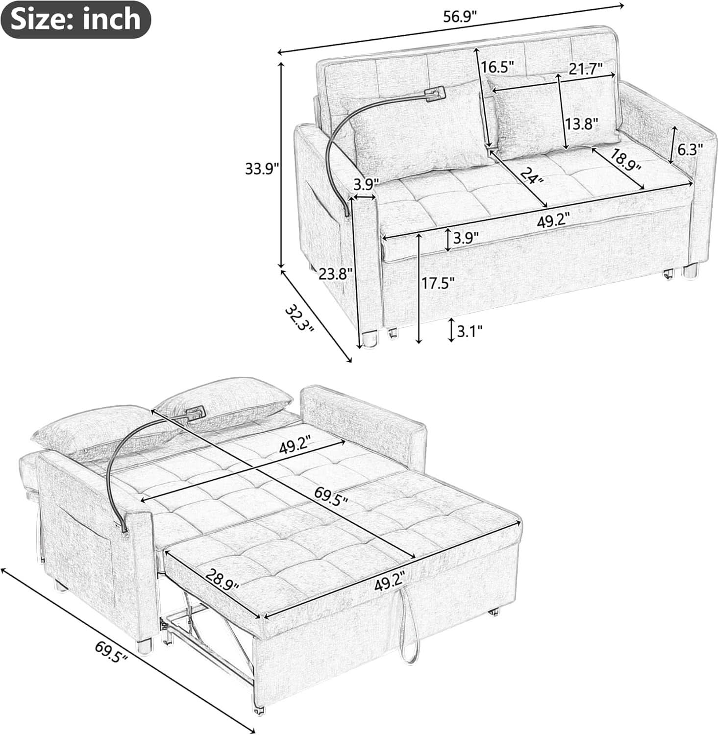 Premium Grade Ultra Chenille Sleeper Sofa With USB Ports