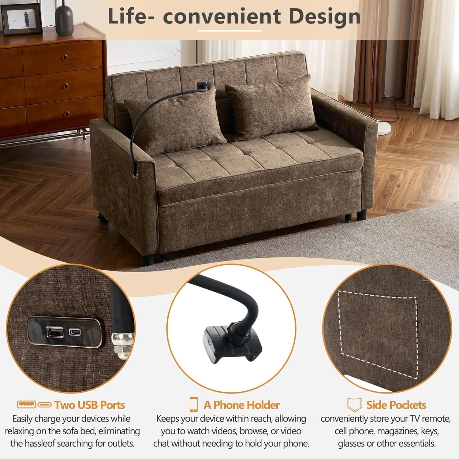 Premium Grade Ultra Chenille Sleeper Sofa With USB Ports