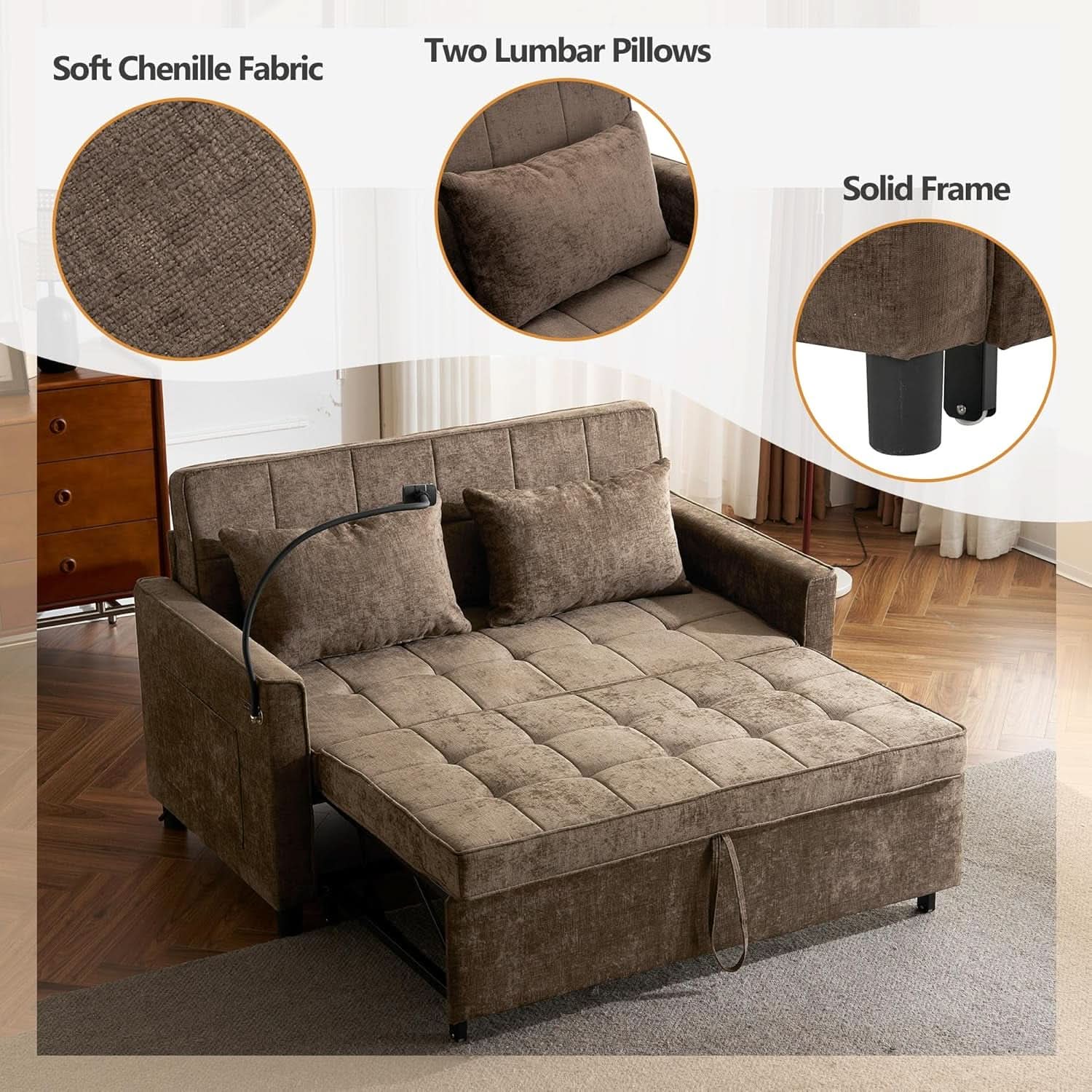Premium Grade Ultra Chenille Sleeper Sofa With USB Ports