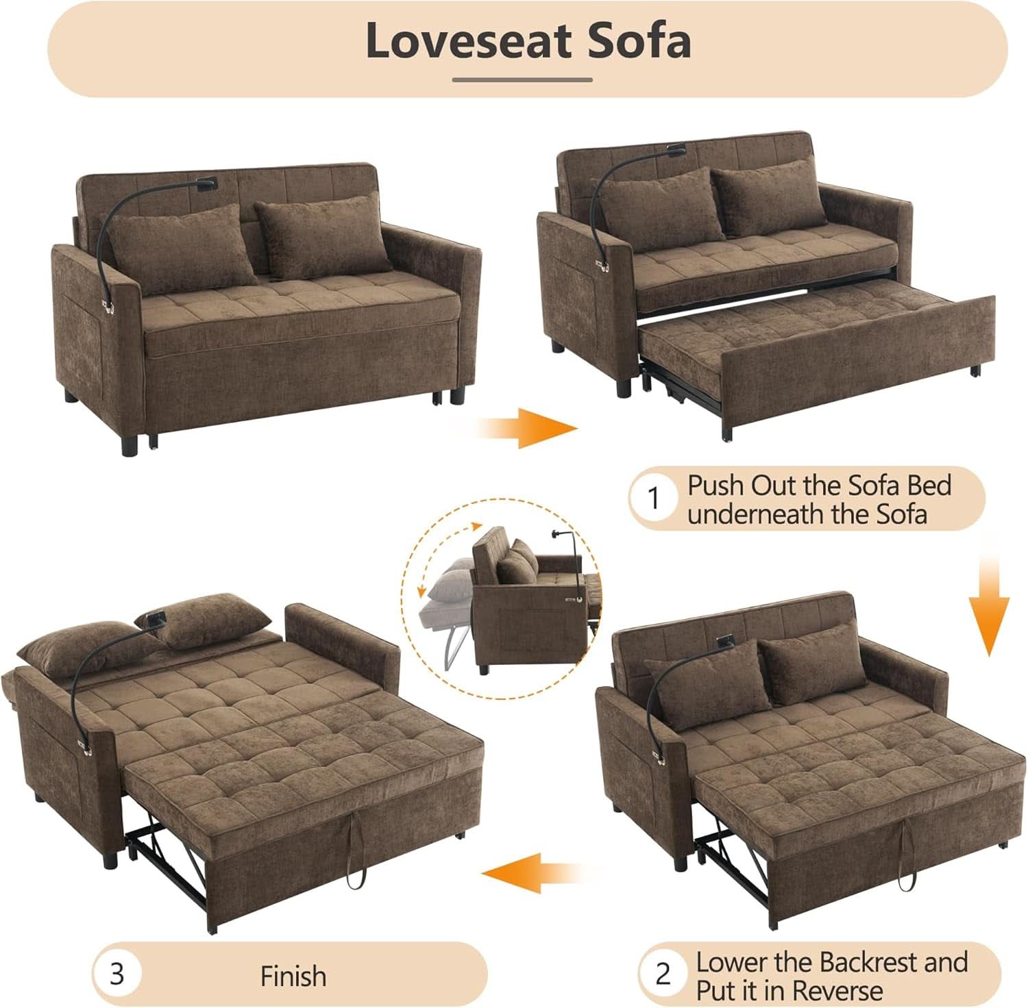 Premium Grade Ultra Chenille Sleeper Sofa With USB Ports