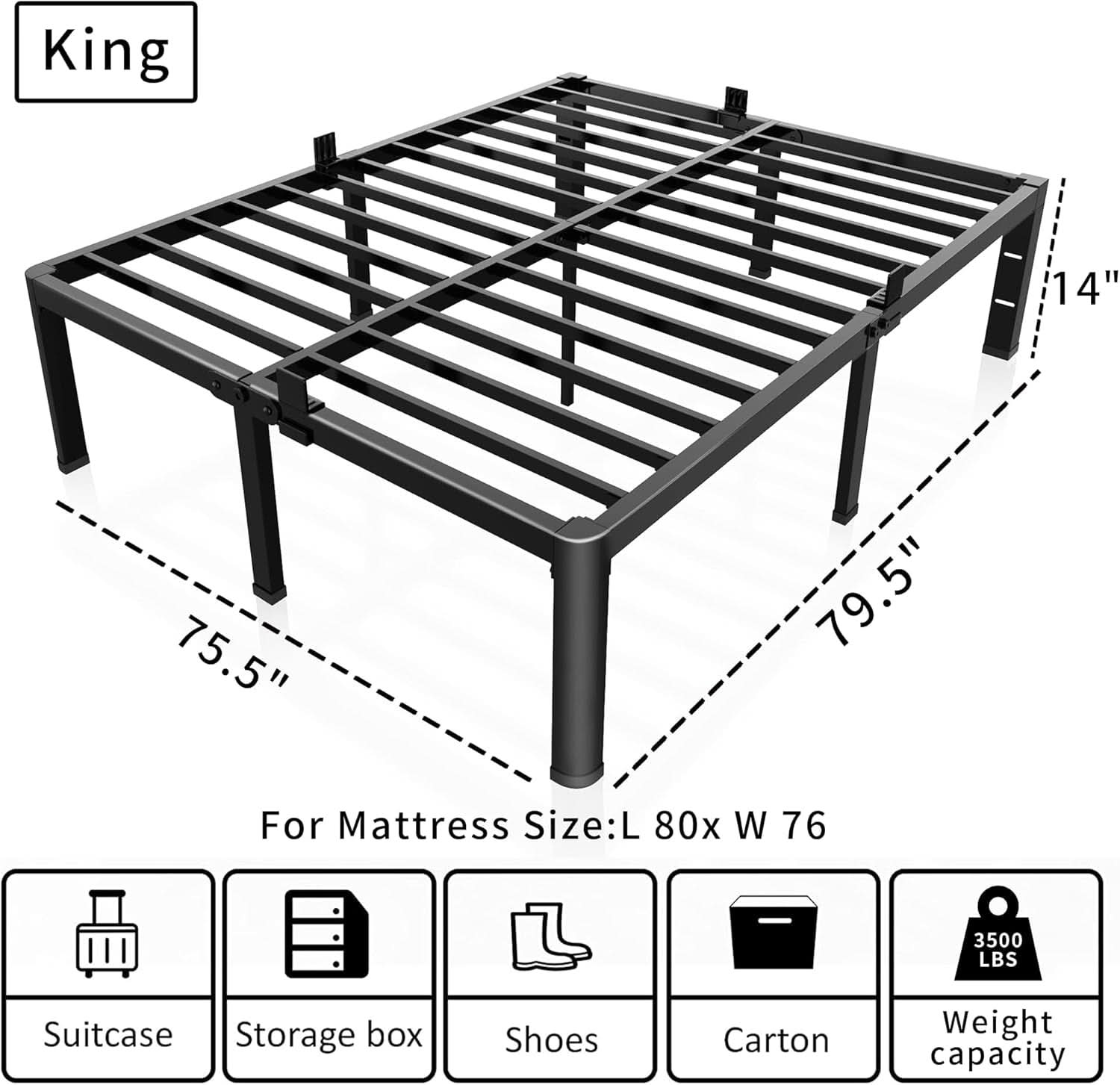 Premium King Size Metal Bed Frame With Under Bed Storage