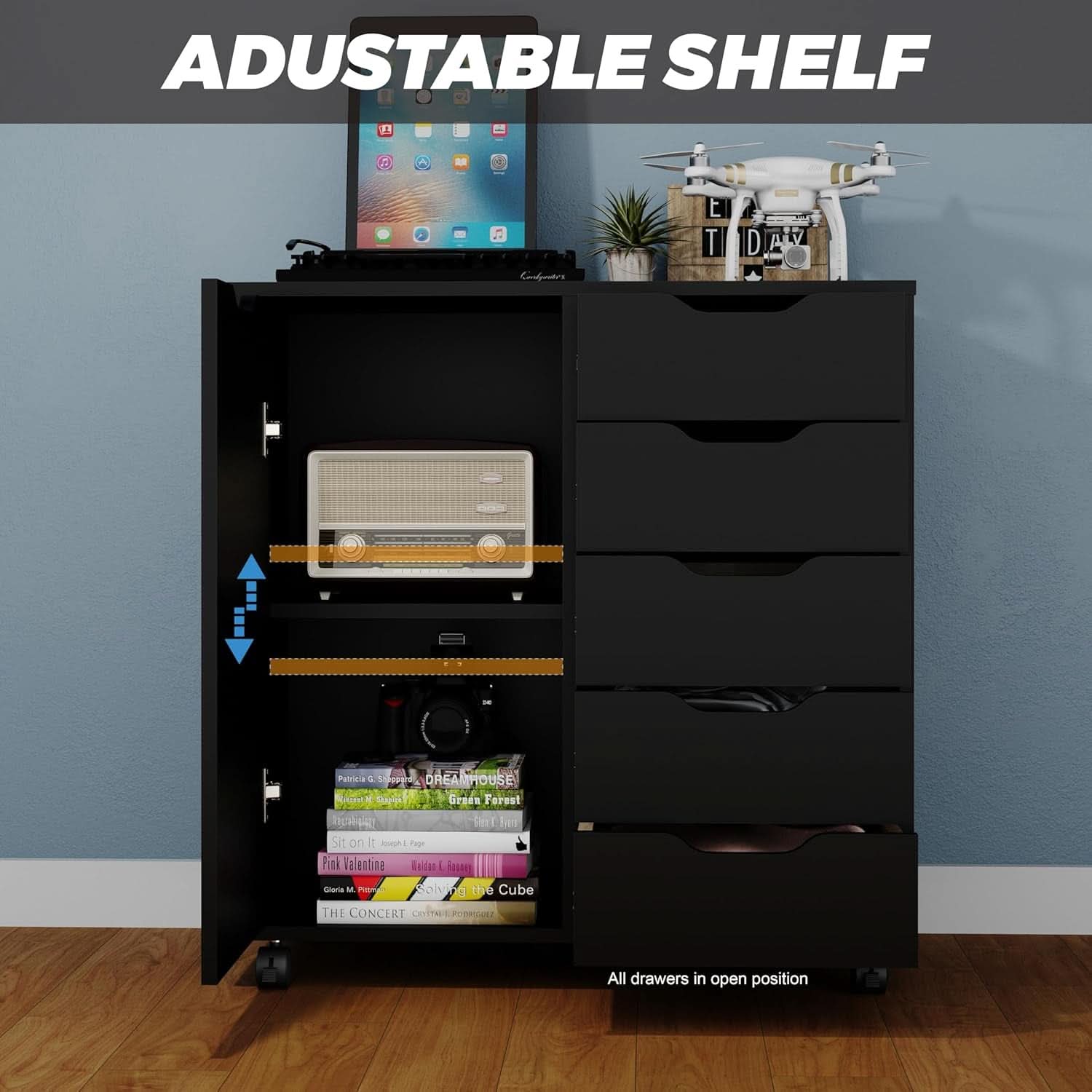 Premium SolidWood Black Five Drawer Interlocking Chest